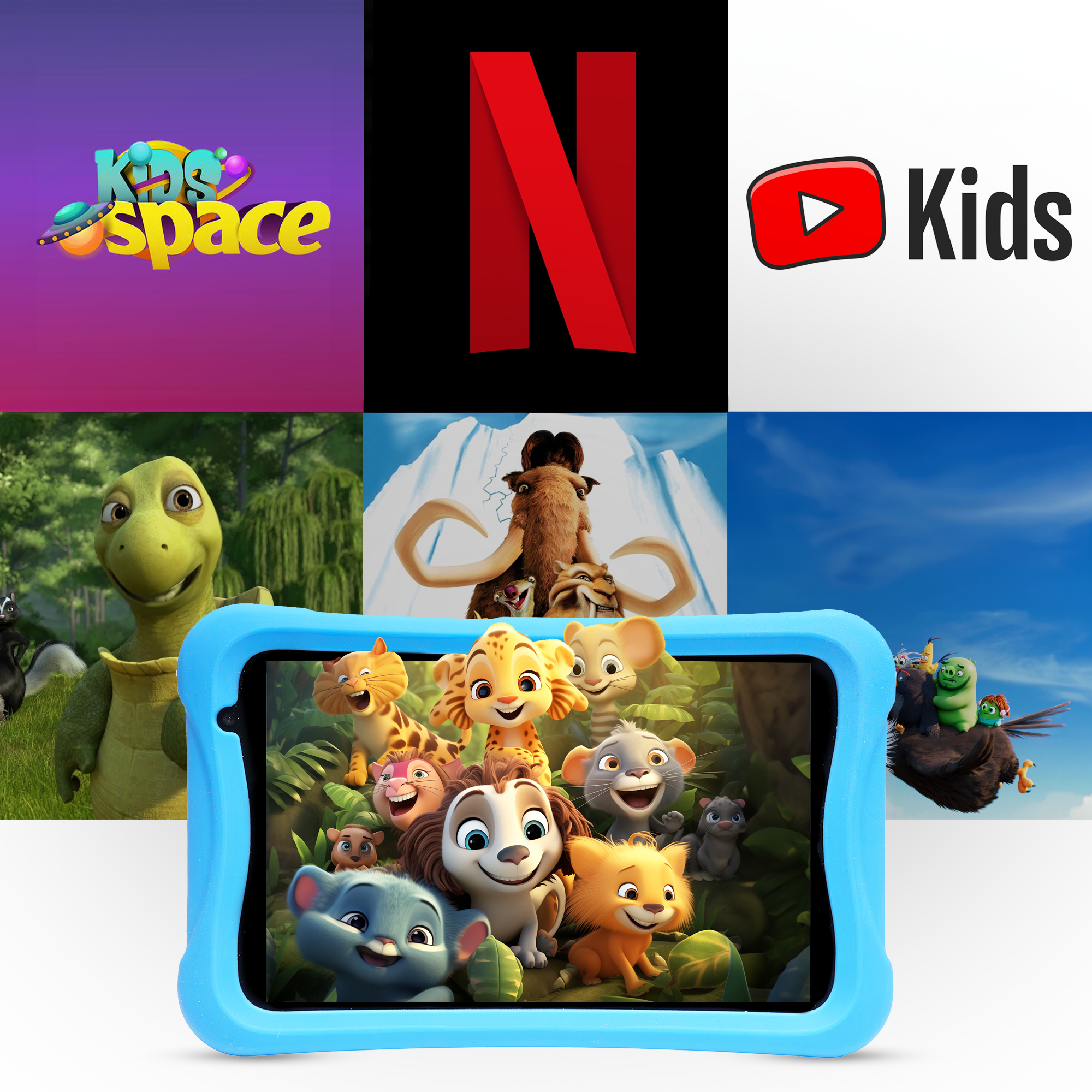 Tablette affichant du contenu pour enfants, avec logos Kids Space, Netflix et YouTube Kids.