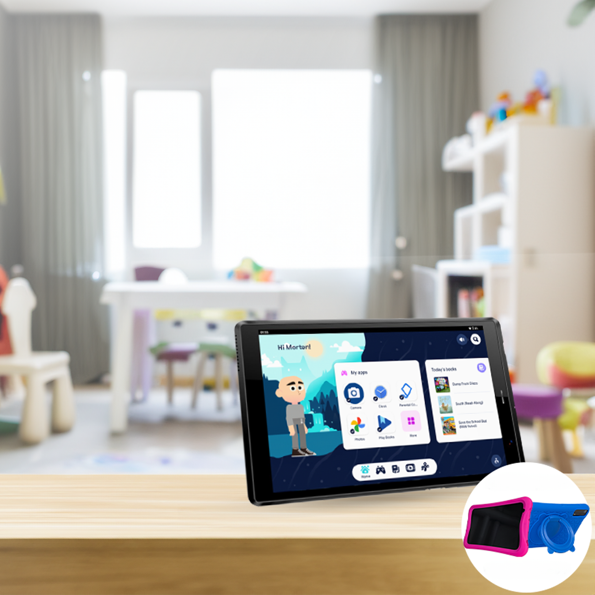 Tablette sur table en bois dans une salle de jeux, montrant un dessin animé et des applications.