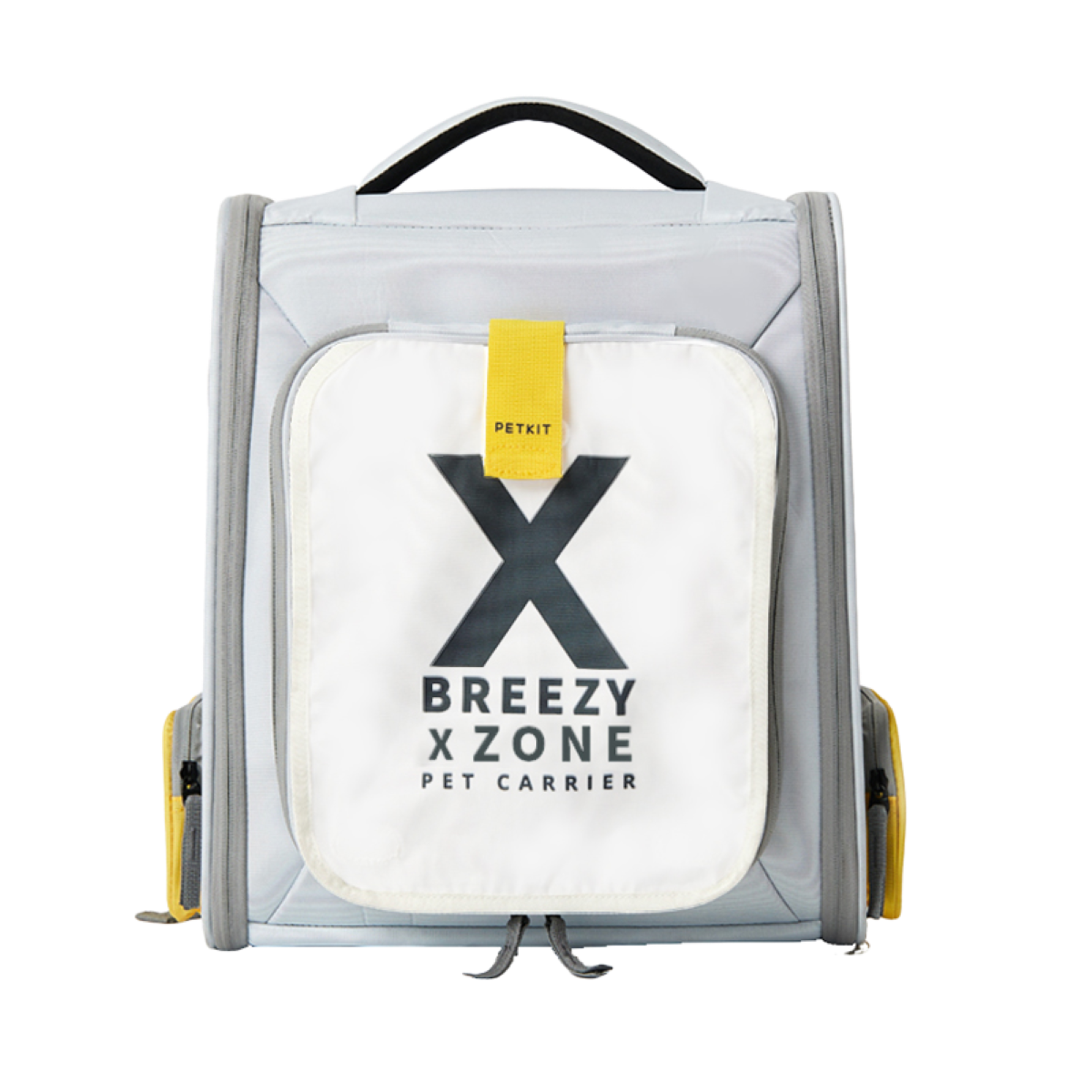 Beyaz ön cepli ve BREEZY X ZONE PET CARRIER yazılı bir evcil hayvan taşıyıcı sırt çantası.