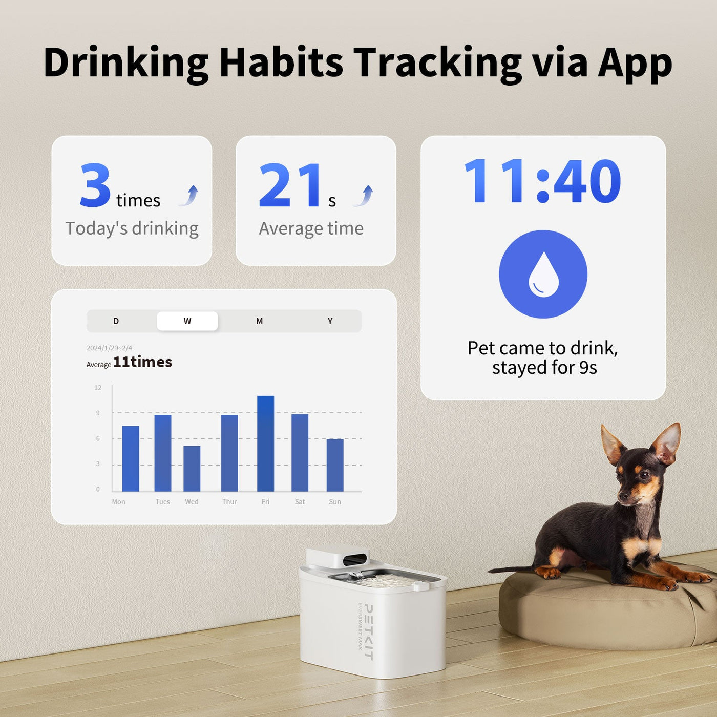 Grafico delle abitudini di consumo monitorate tramite app, con un cane vicino al distributore d'acqua.