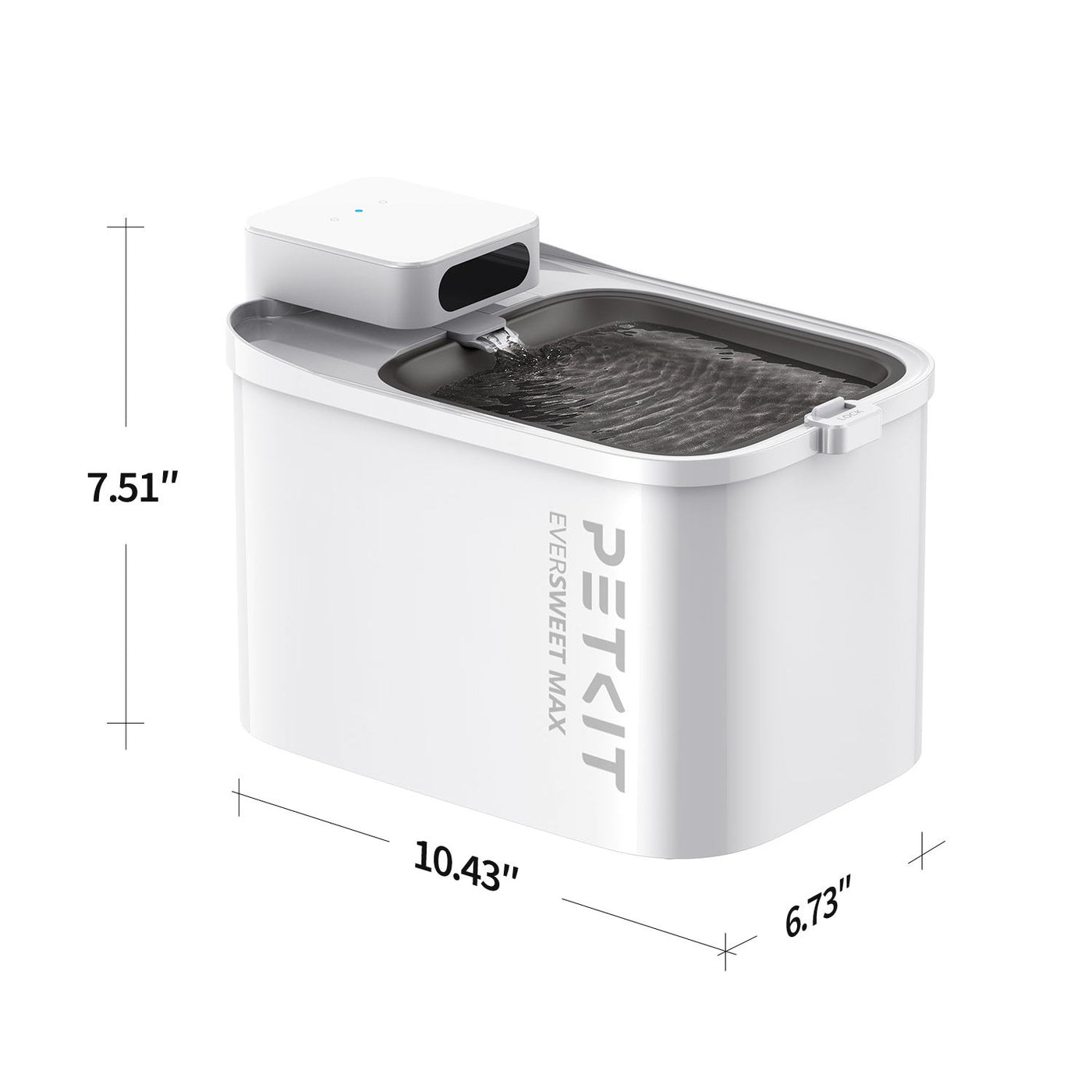 Fontana per acqua bianca per animali domestici con getto d'acqua e dimensioni etichettate.