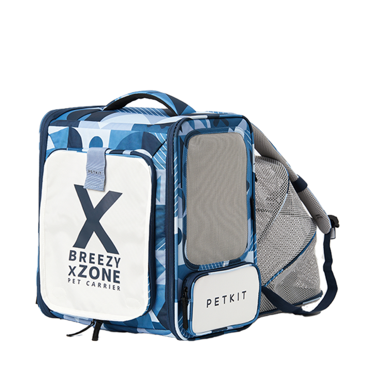 Pet carrier bag with blue patterns and white panels, handle on top, and mesh side panel.