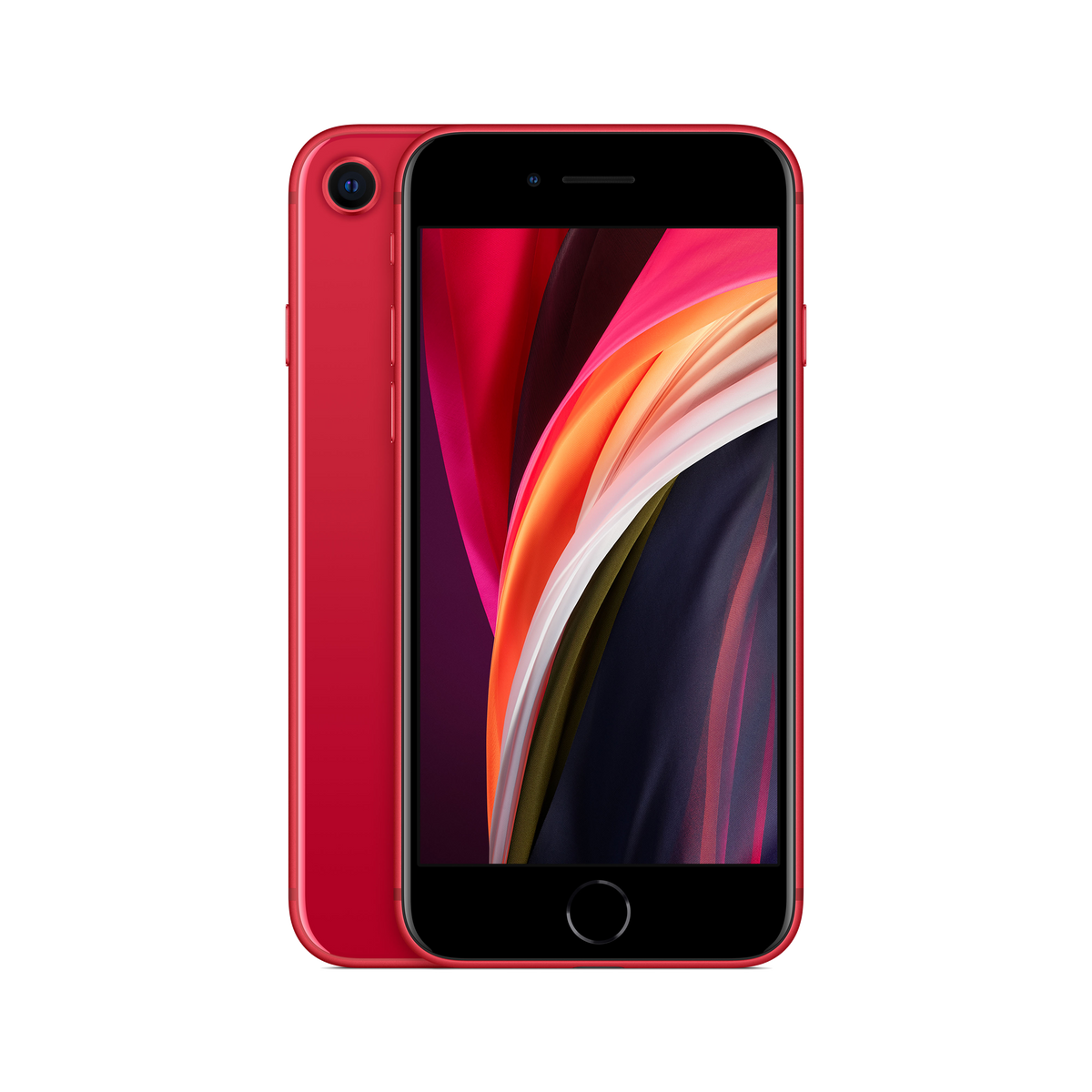 Czerwony iPhone SE. Widok z tyłu i z przodu, czarny ekran, czerwony tył. Minimalistyczne czarne tło.