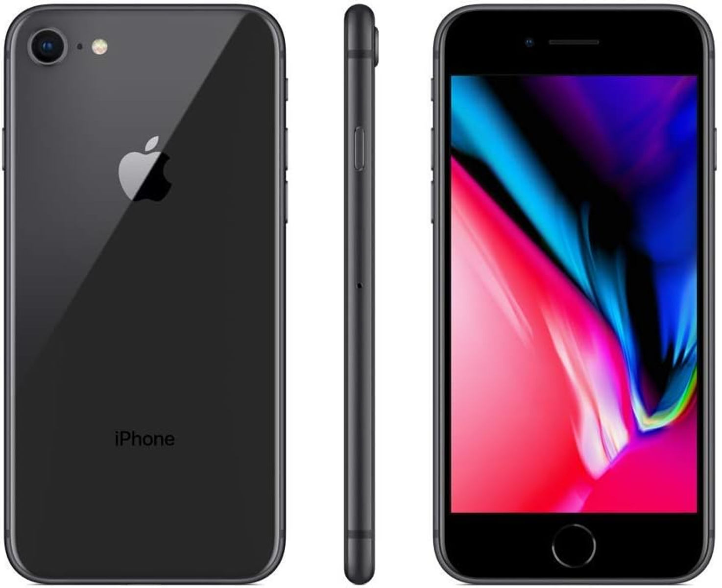 Czarny iPhone 8 z przodu, z boku i z tyłu. Z tyłu znajduje się aparat i logo Apple.