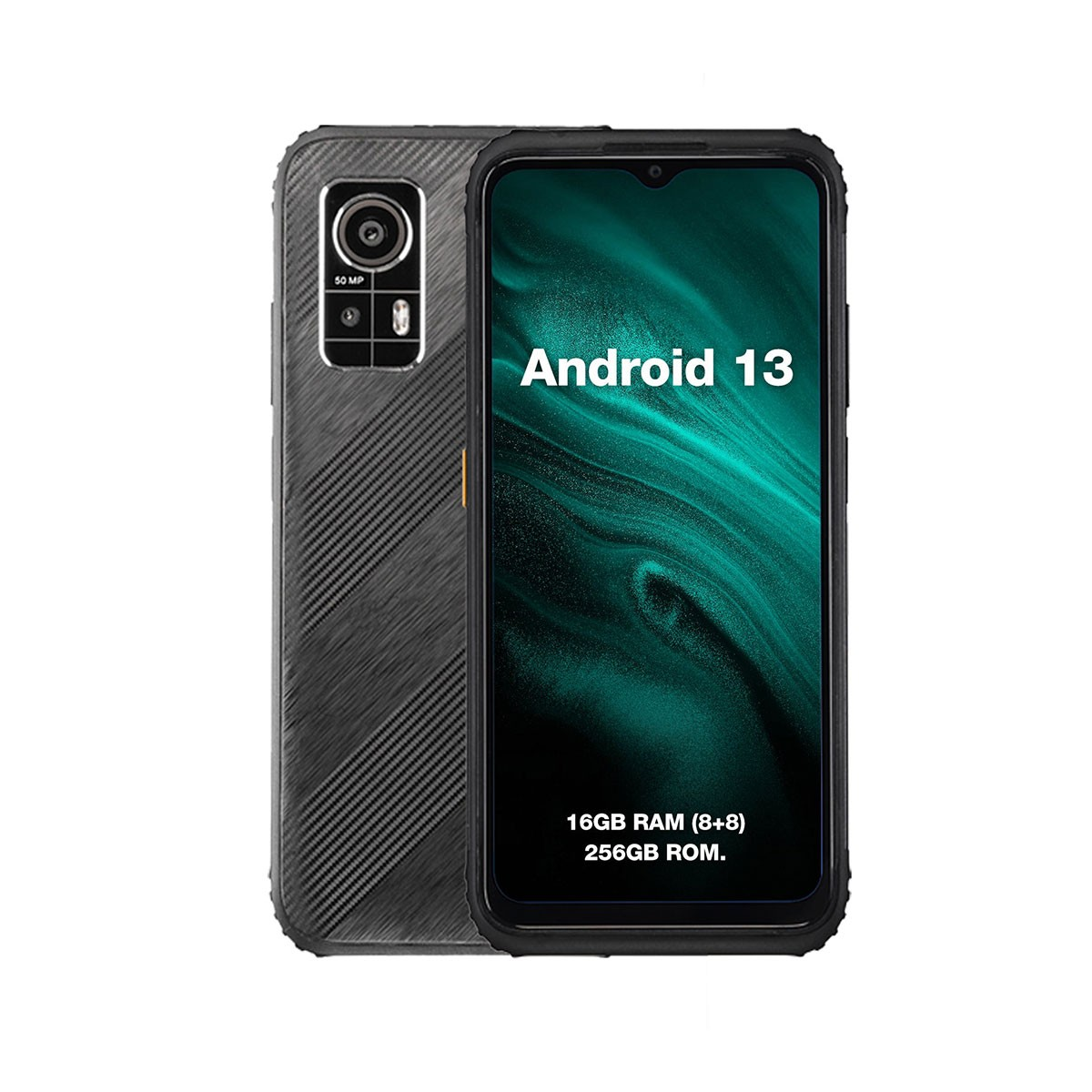 Niebieskie etui na telefon z logo Apple, na białym tle, widok z tyłu.