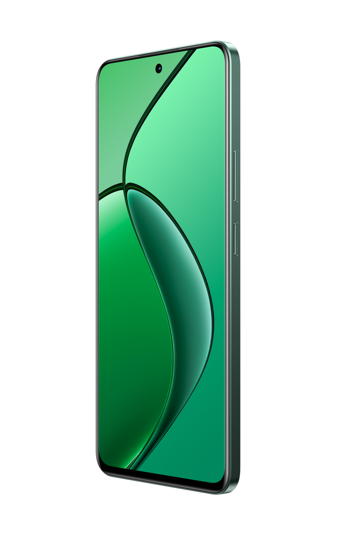 Zielony smartfon z boku. Ma zakrzywiony ekran i czarne tło.