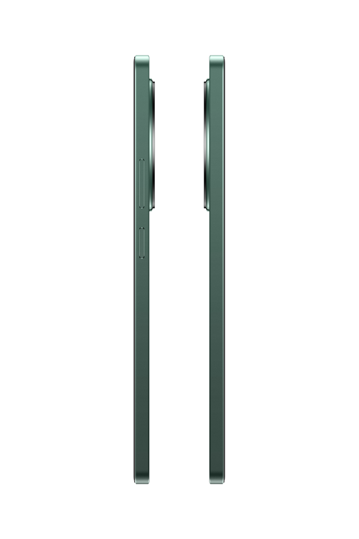 Dwa widoki z boku zielonego telefonu komórkowego. Telefon ma przyciski i obiektywy.