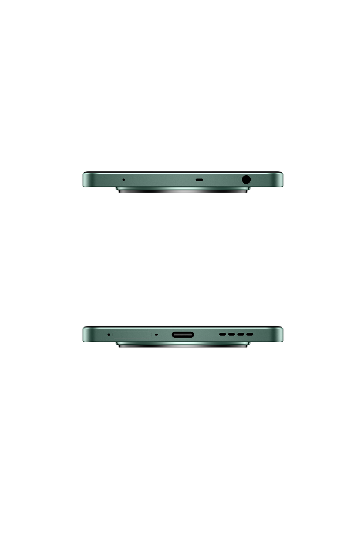 Dwa widoki z boku zielonego telefonu; jeden z gniazdem i jeden z portem USB-C.