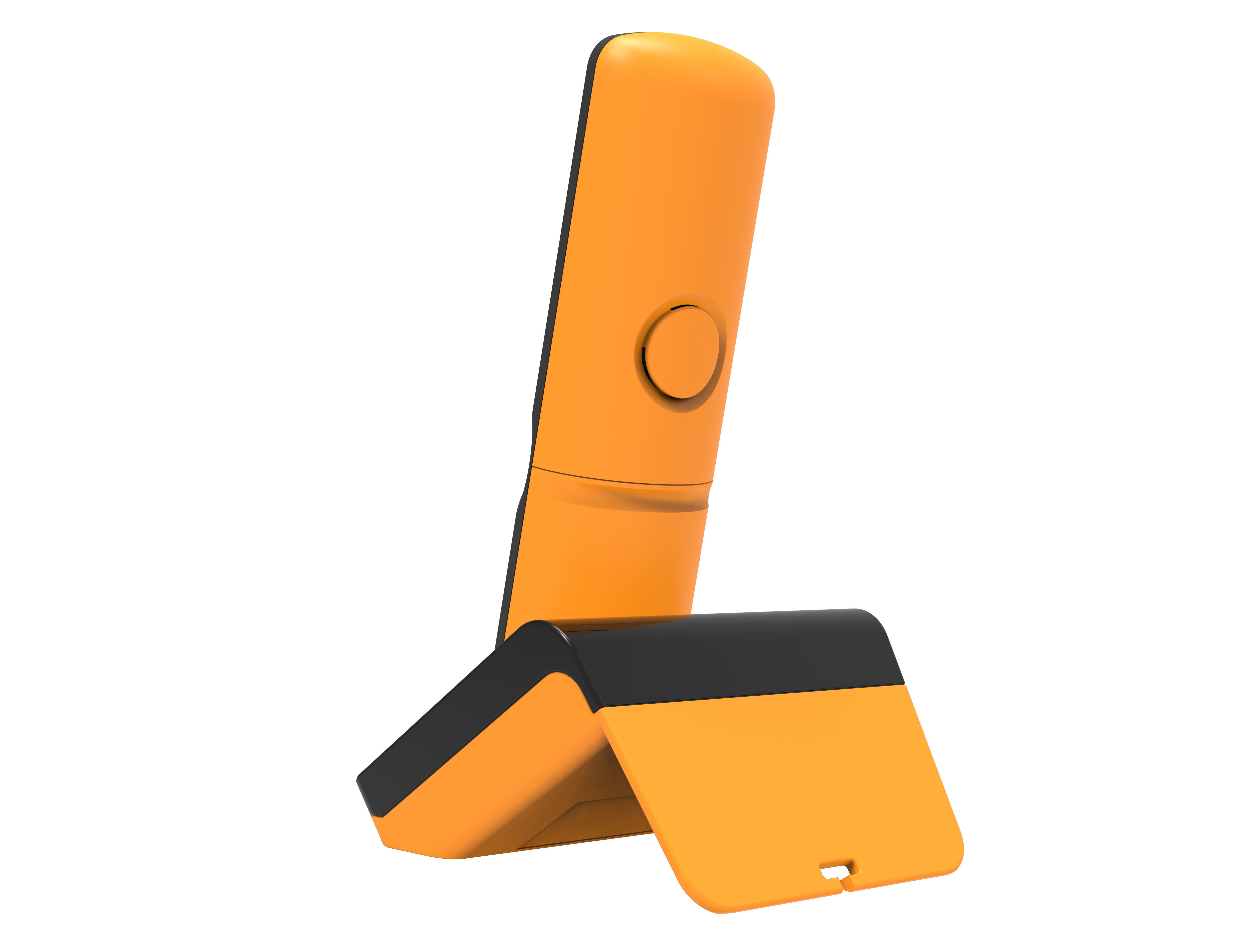 Un téléphone orange avec une base noire, incliné et un bouton au centre.