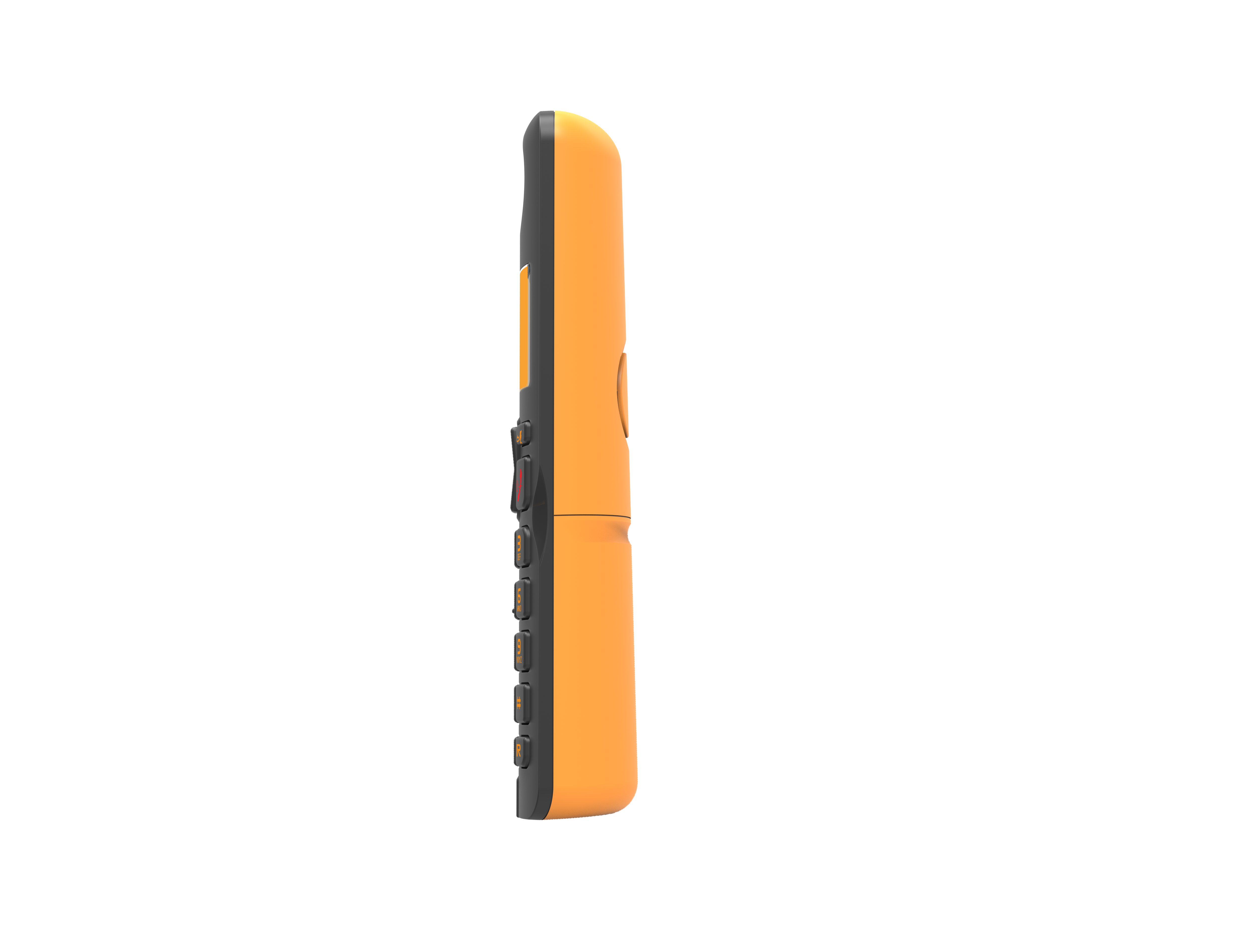 Profil latéral d'un téléphone à clapet orange et noir, sur fond noir.