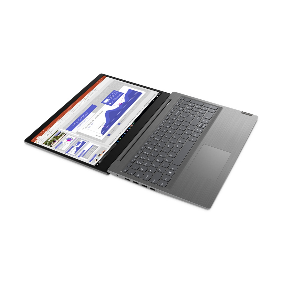 Laptop con presentazione sullo schermo. Tastiera visibile. Sfondo bianco.