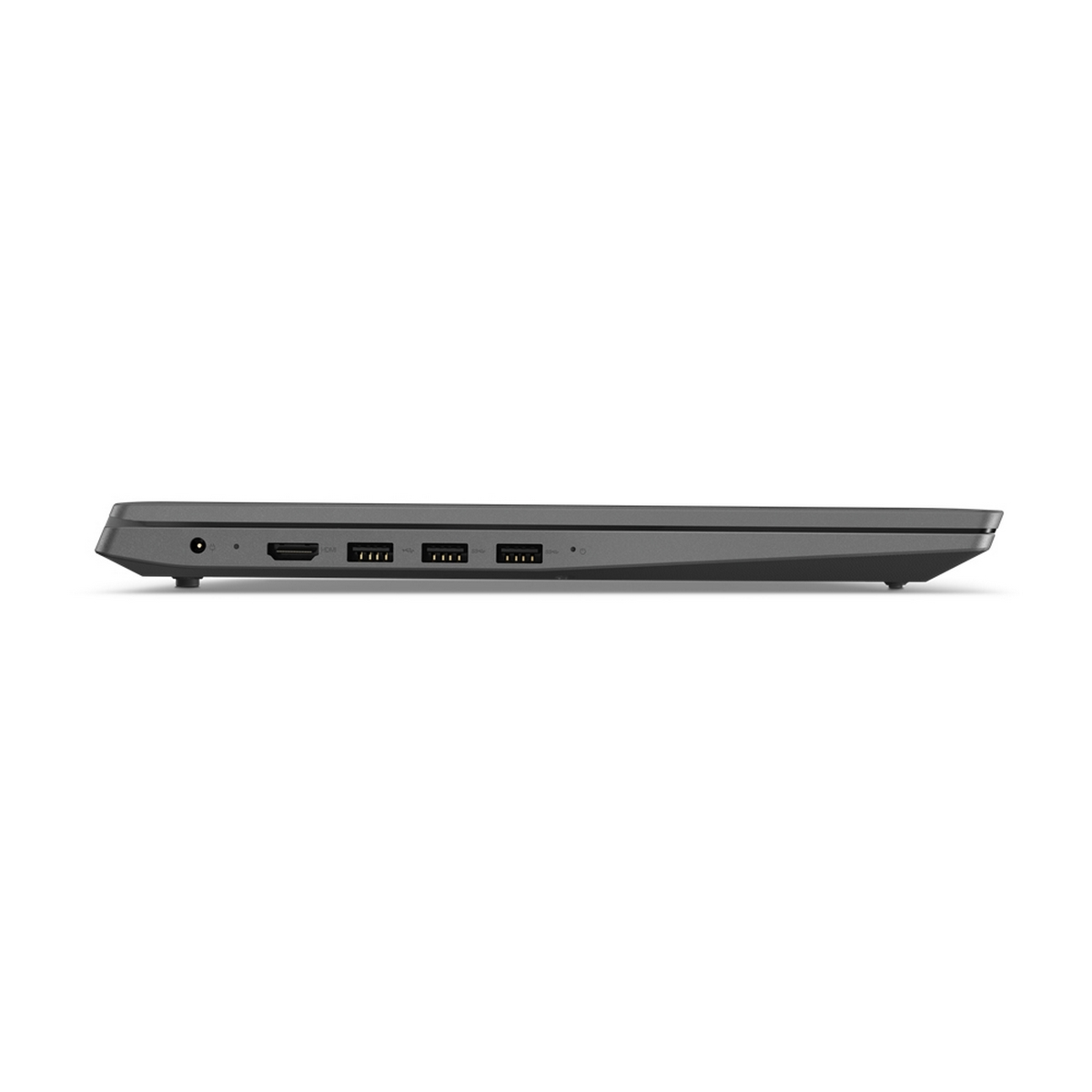 Profilo laterale di un laptop grigio con porte visibili. Porte HDMI, USB sul lato.