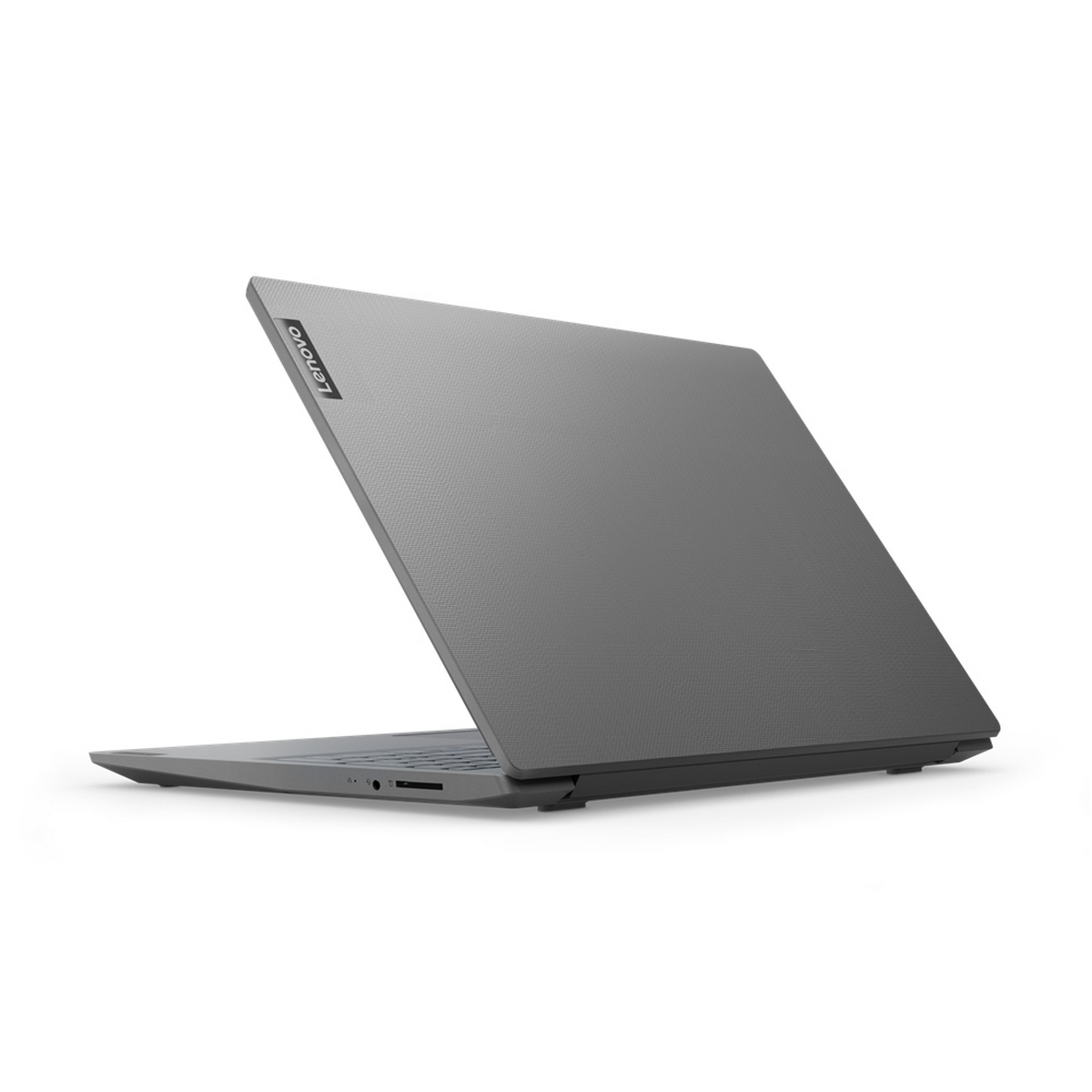 Un laptop Lenovo grigio, leggermente aperto, angolato verso destra. La superficie ha un motivo strutturato. Sfondo bianco.
