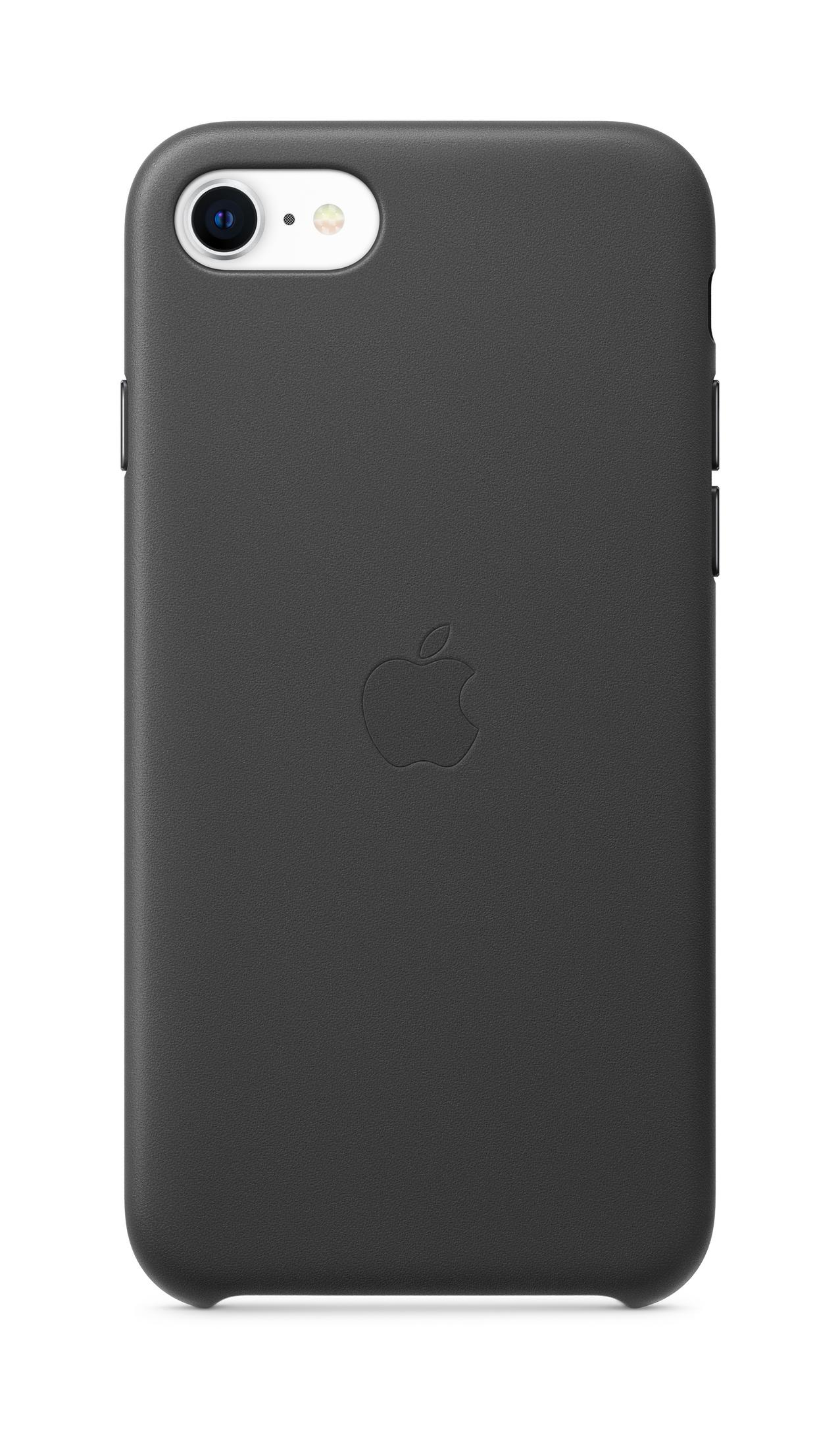 A black leather phone case with an Apple logo embossed on the back. The camera is visible.