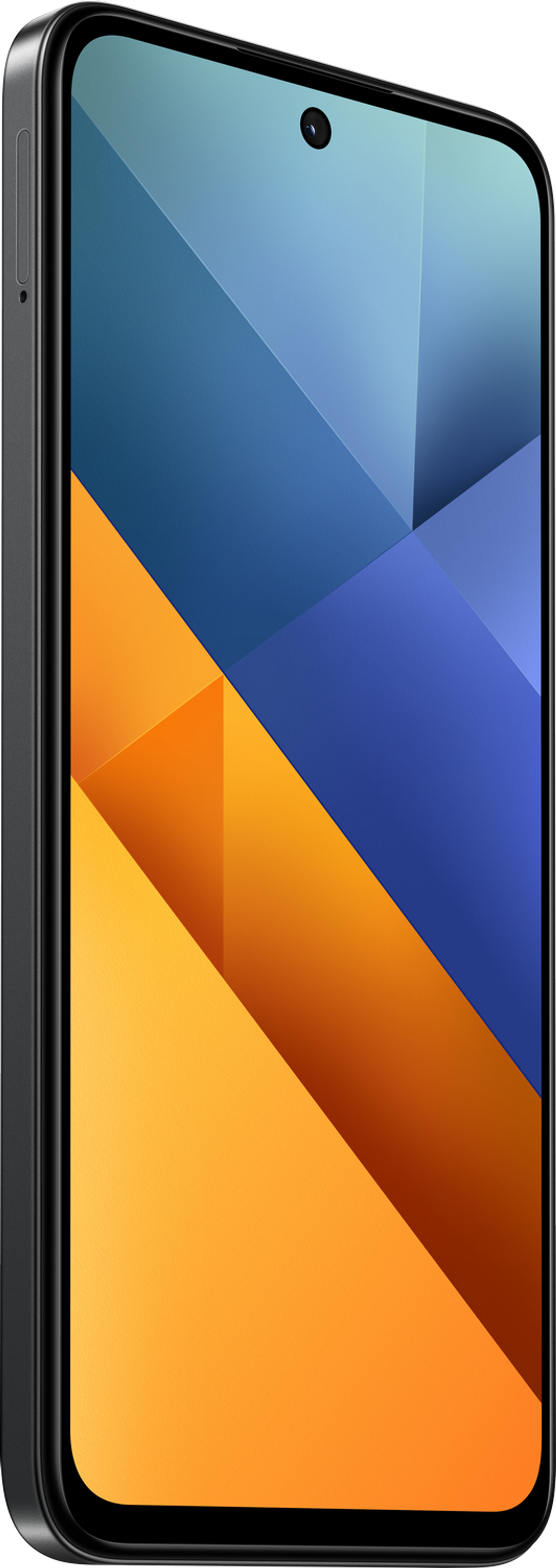 Uno smartphone nero con uno sfondo astratto blu, arancione e giallo.