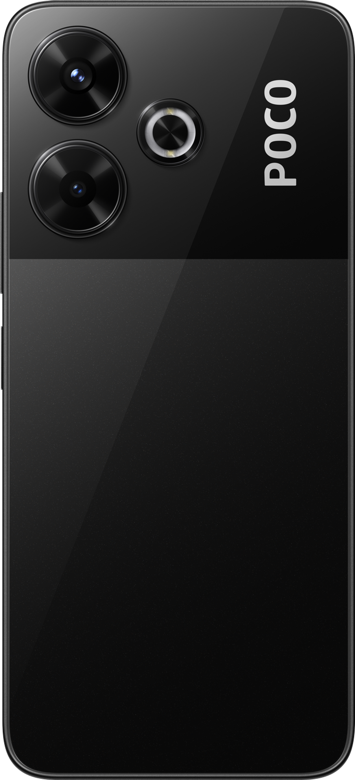 Retro del telefono POCO nero con tre fotocamere. Il logo POCO è sul lato destro.