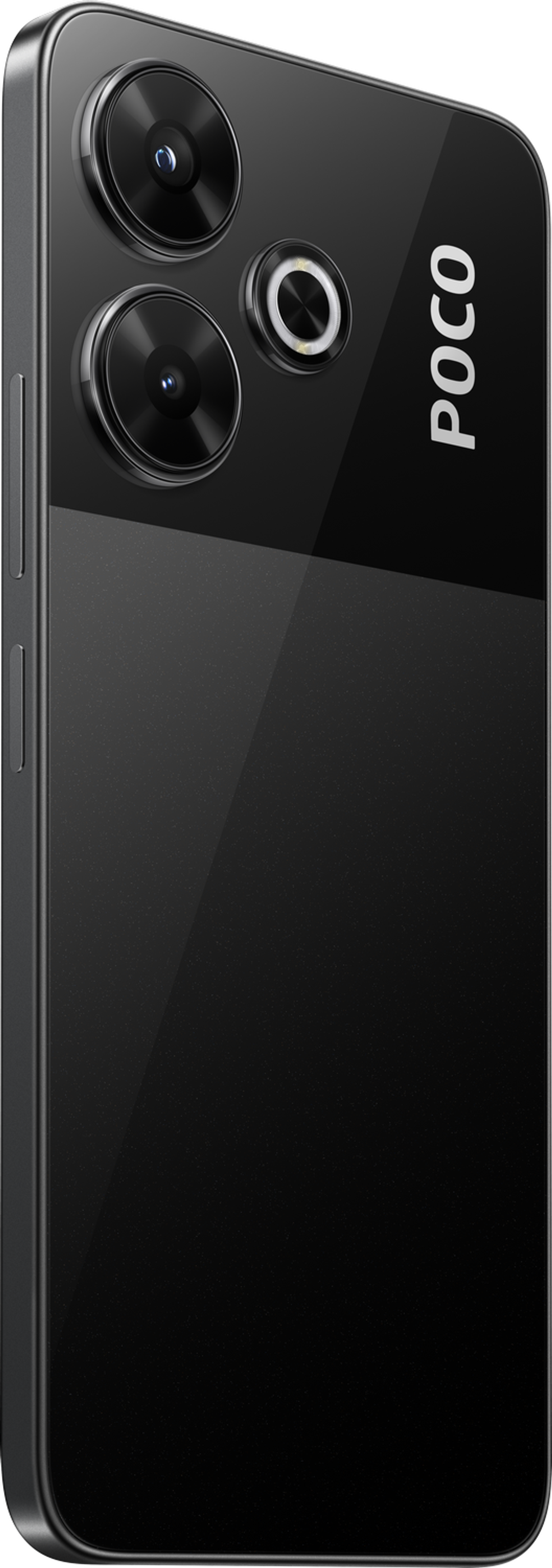Uno smartphone nero con tre fotocamere posteriori e il logo POCO su una superficie nera.