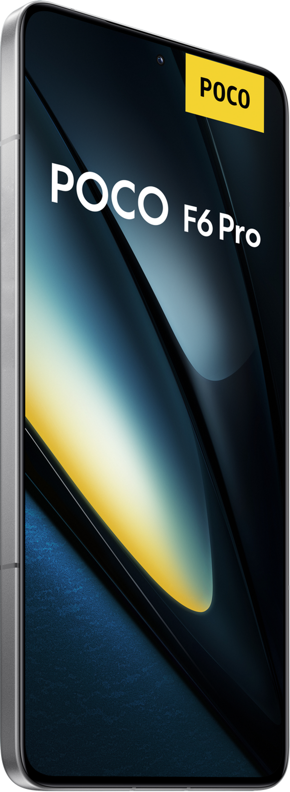 Poco F6 Pro telefoon met een gele sticker, met een gebogen schermontwerp.