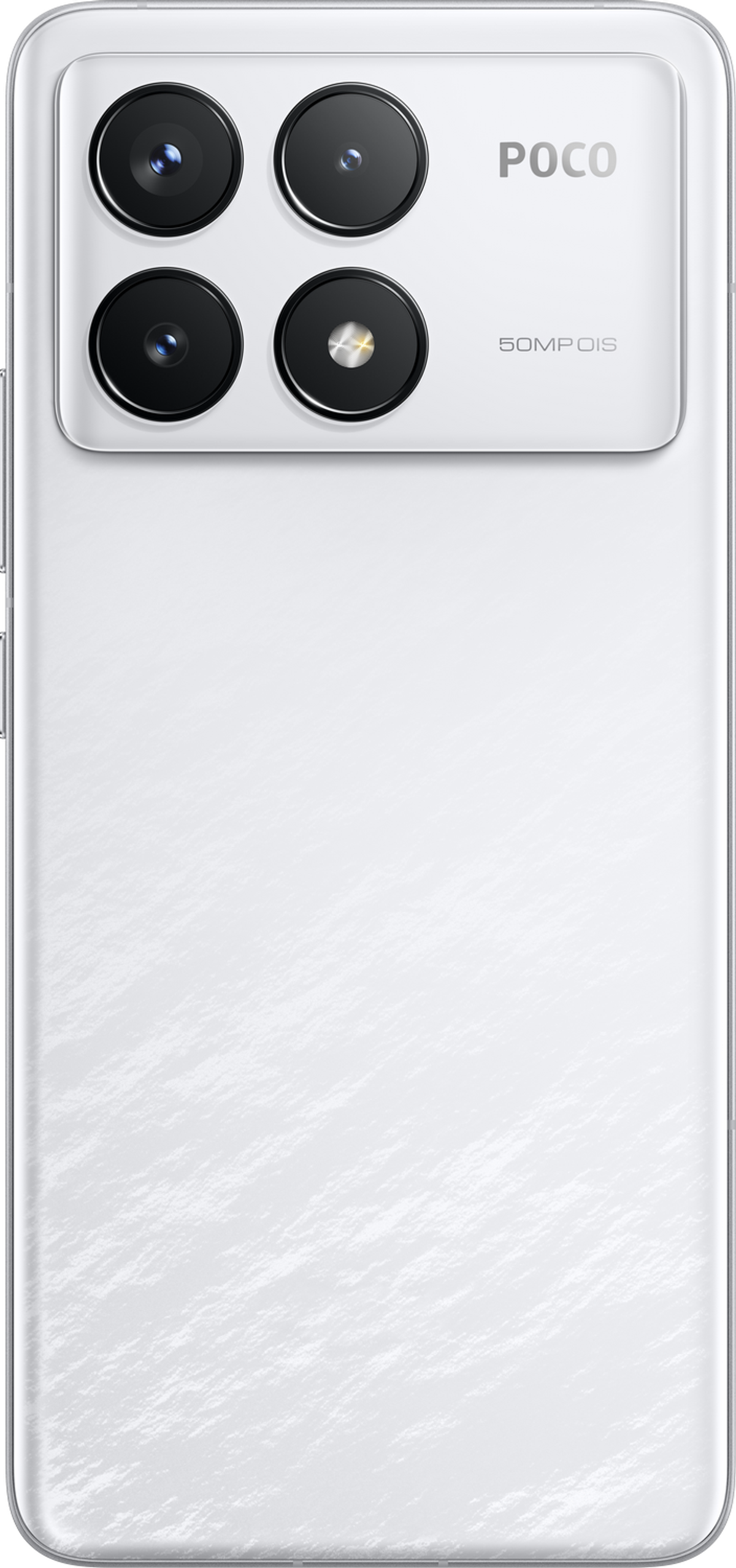 Witte smartphone met vier camera's achterop en de tekst 'POCO' en '50MP OIS', tegen een witte achtergrond.