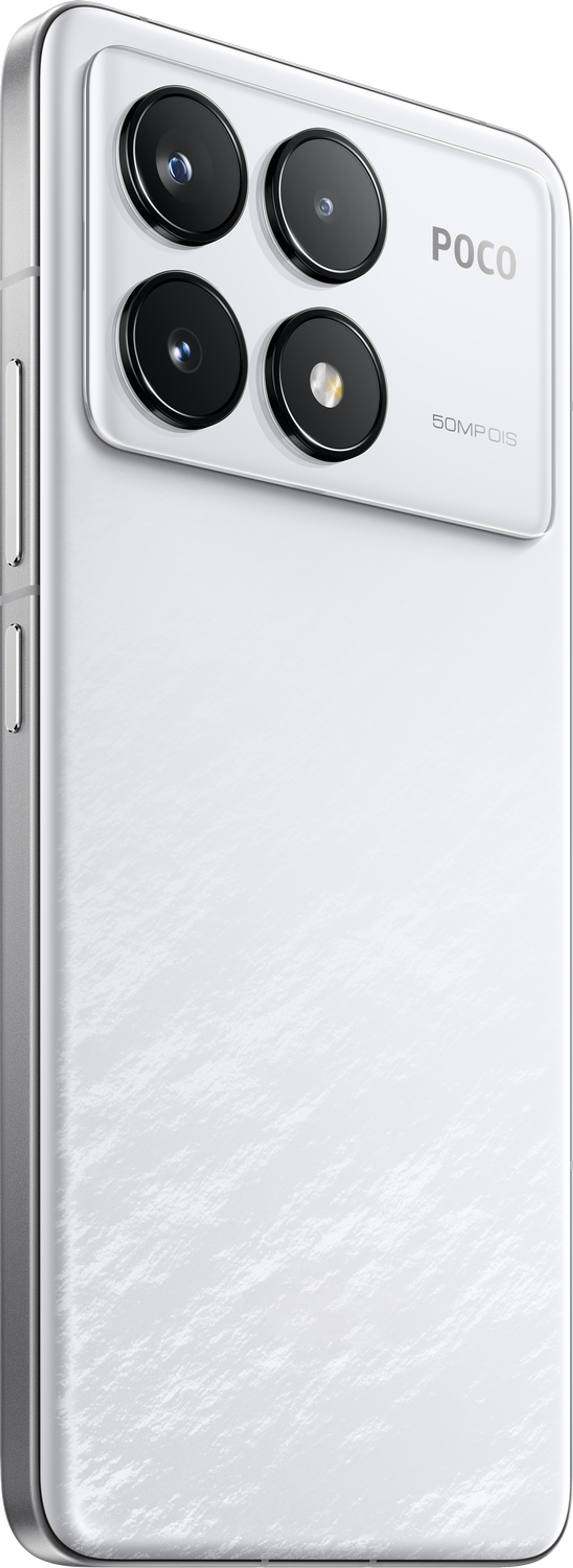 Witte Poco-telefoon op een witte achtergrond, met de achterkant met camera's en branding.