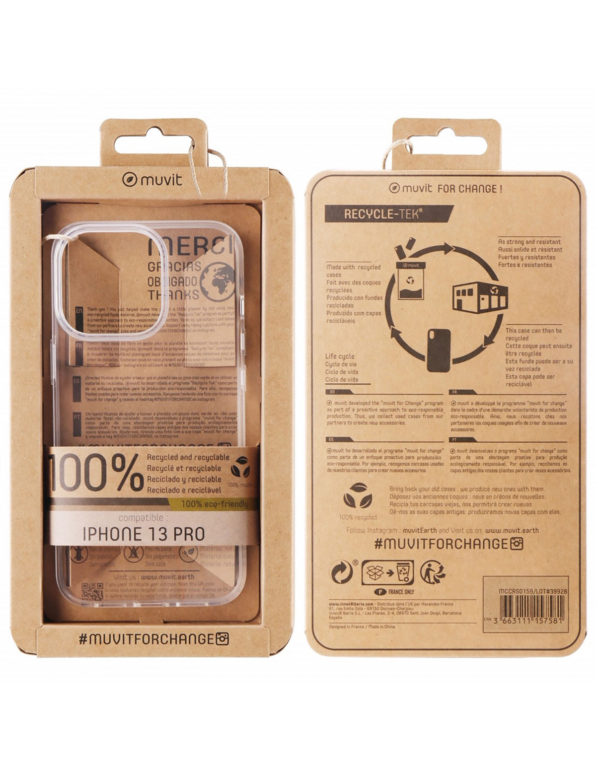 Confezione di custodia per telefono con testo e immagini sul riciclo e l'eco-compatibilità.