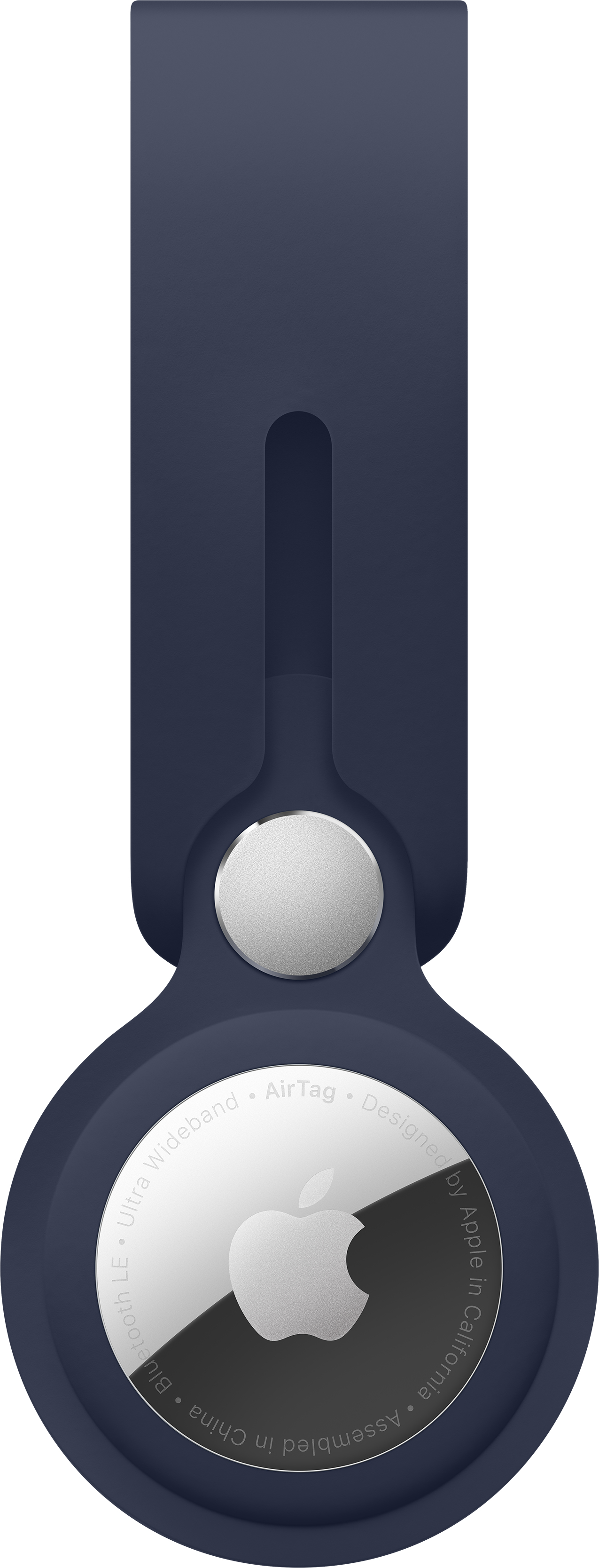 Niebieski Apple AirTag z ciemnoniebieskim paskiem. Logo Apple i tekst są widoczne na znaczniku.