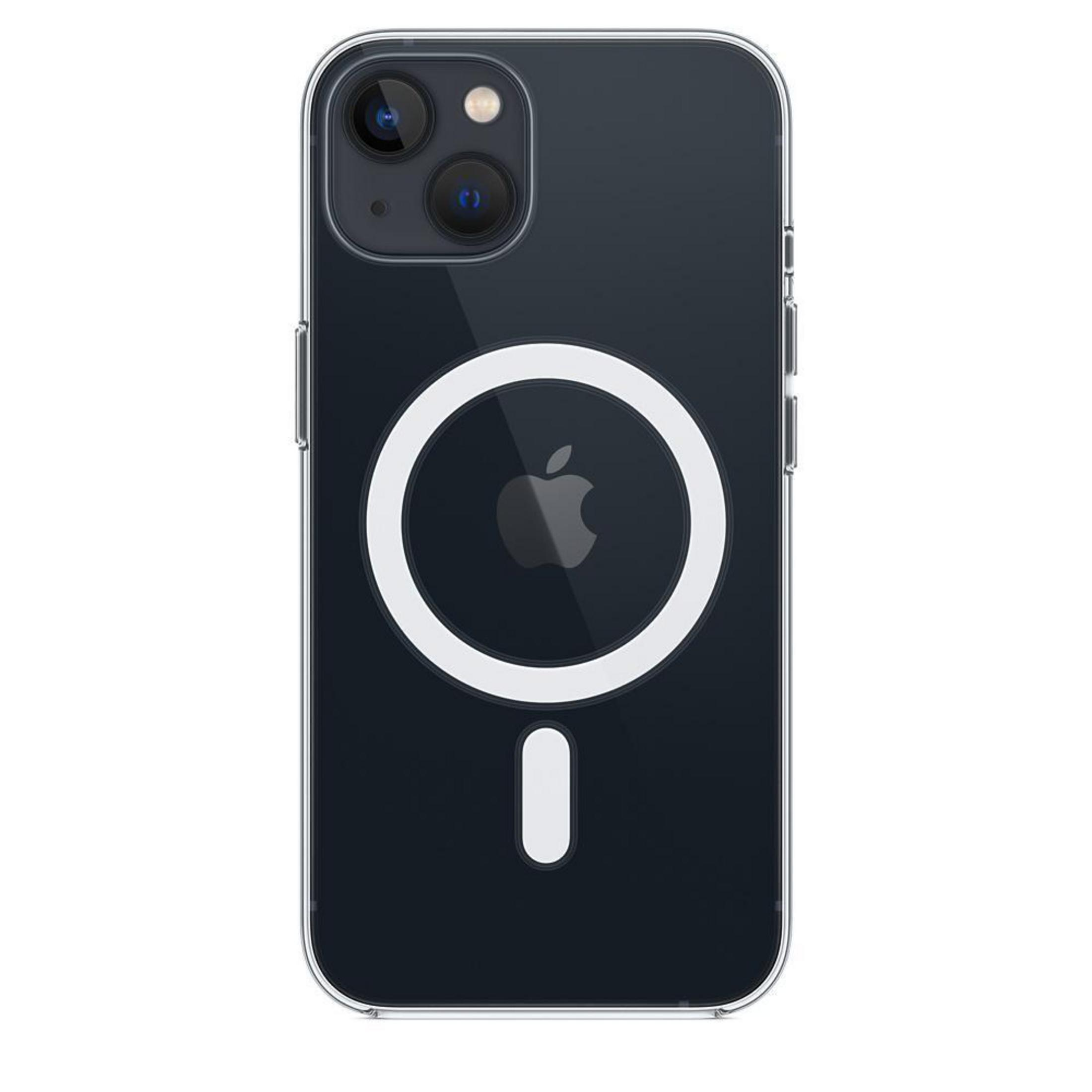 iPhone noir avec coque transparente. La coque a un anneau MagSafe blanc et un indicateur blanc.