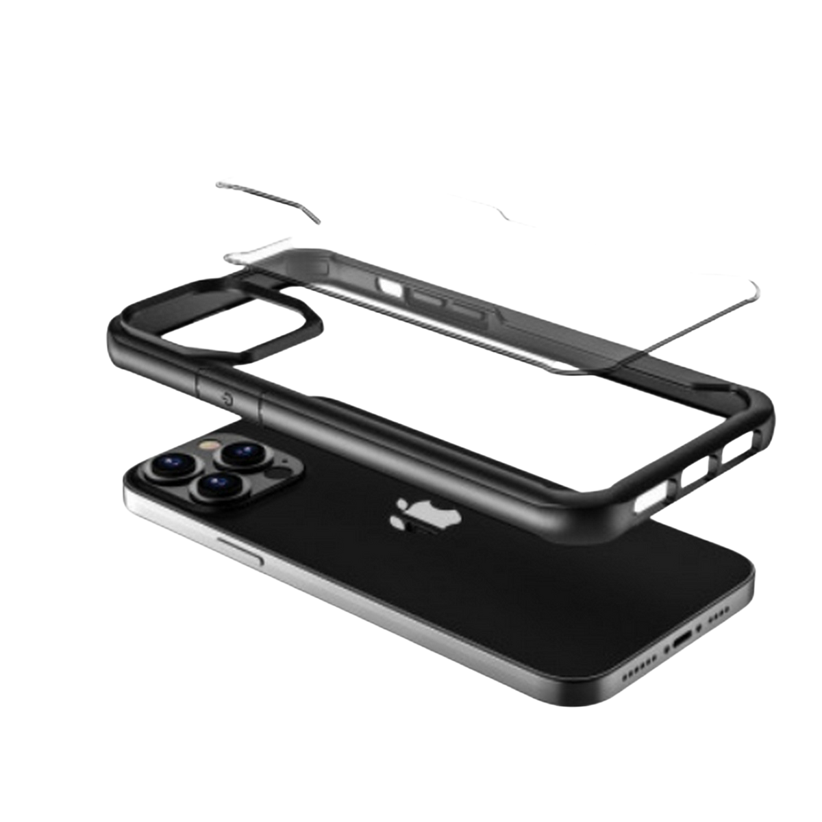Un iPhone con una custodia nera. La custodia è separata e sopra il telefono.