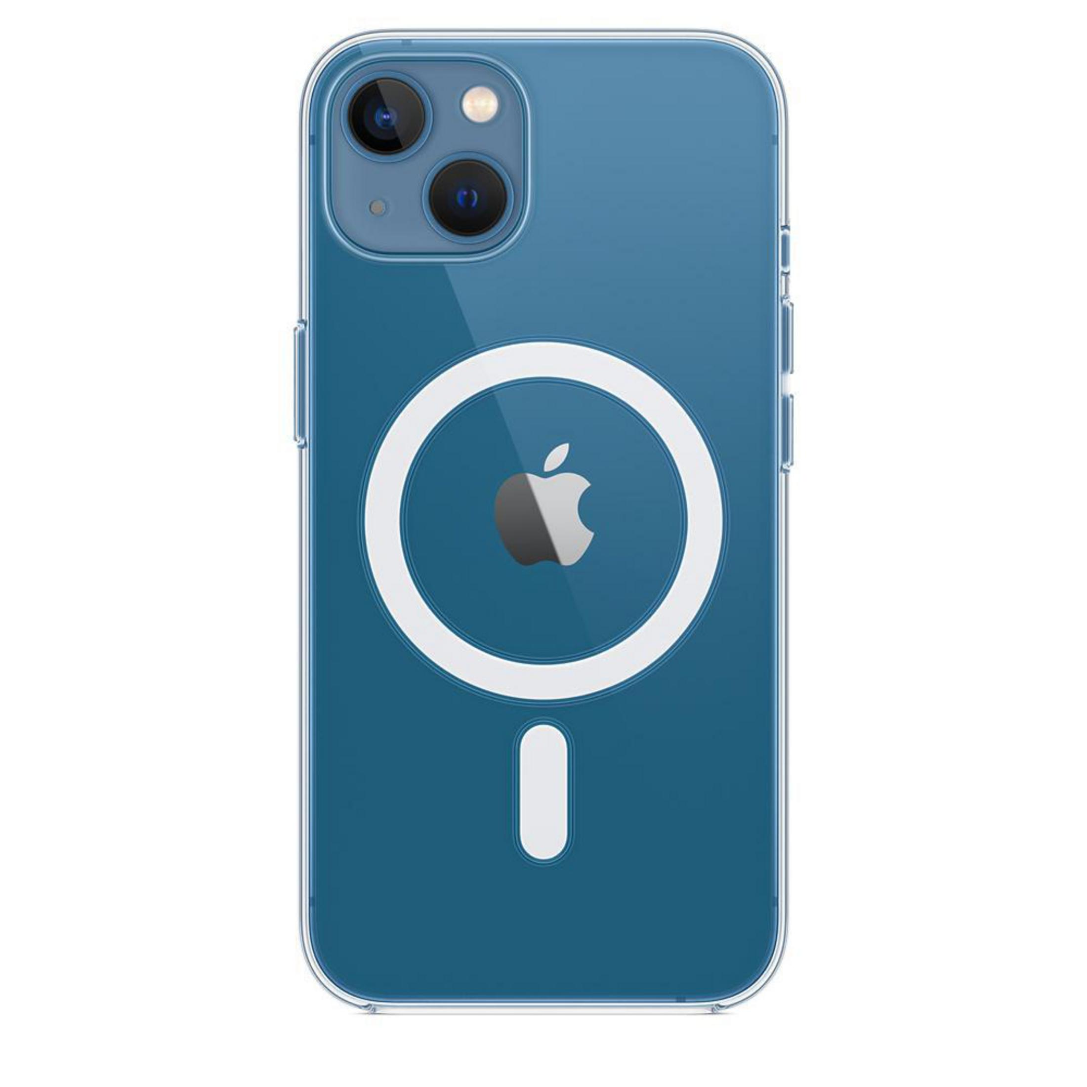 Une coque de téléphone avec un téléphone à l'intérieur. La coque est bleue, avec un cercle blanc et le logo Apple au dos.