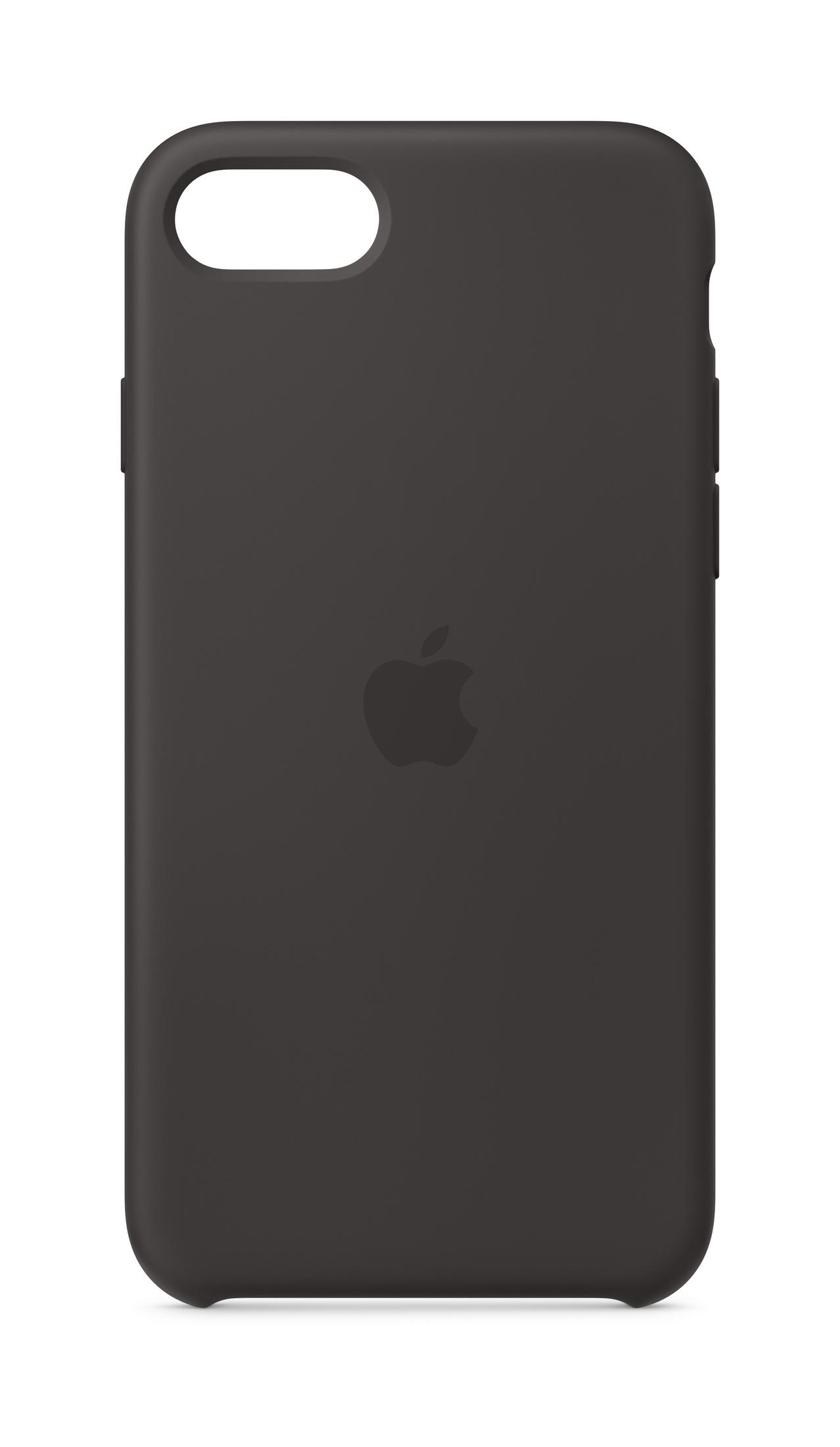 Dunkelgraue Handyhülle mit Apple-Logo mittig auf der Rückseite. Glatte Oberfläche.
