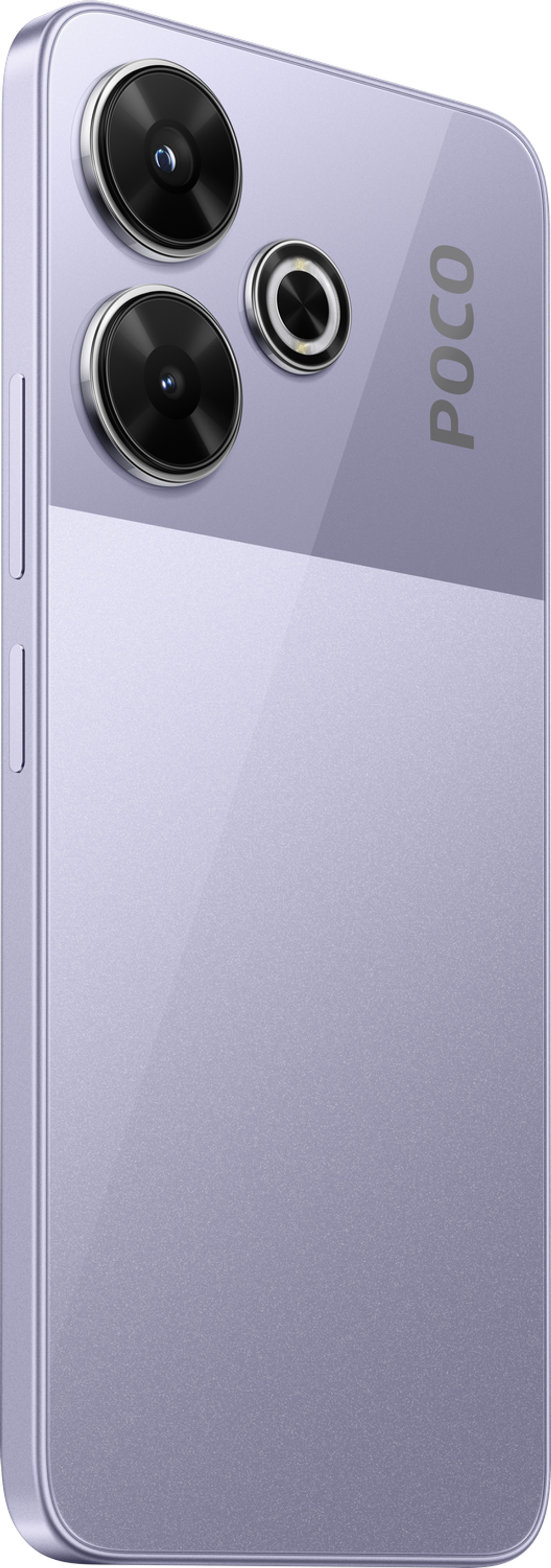 Un teléfono POCO lila con una configuración de triple cámara en la parte trasera, vista en ángulo.