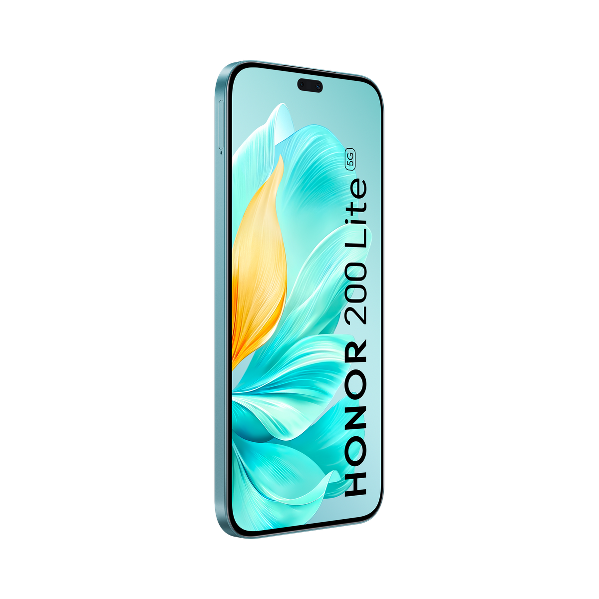 Blaues Honor 200 Lite Telefon. Seitenansicht, blauer Rahmen, türkisfarbenes Blumendesign. Schwarzer Hintergrund.