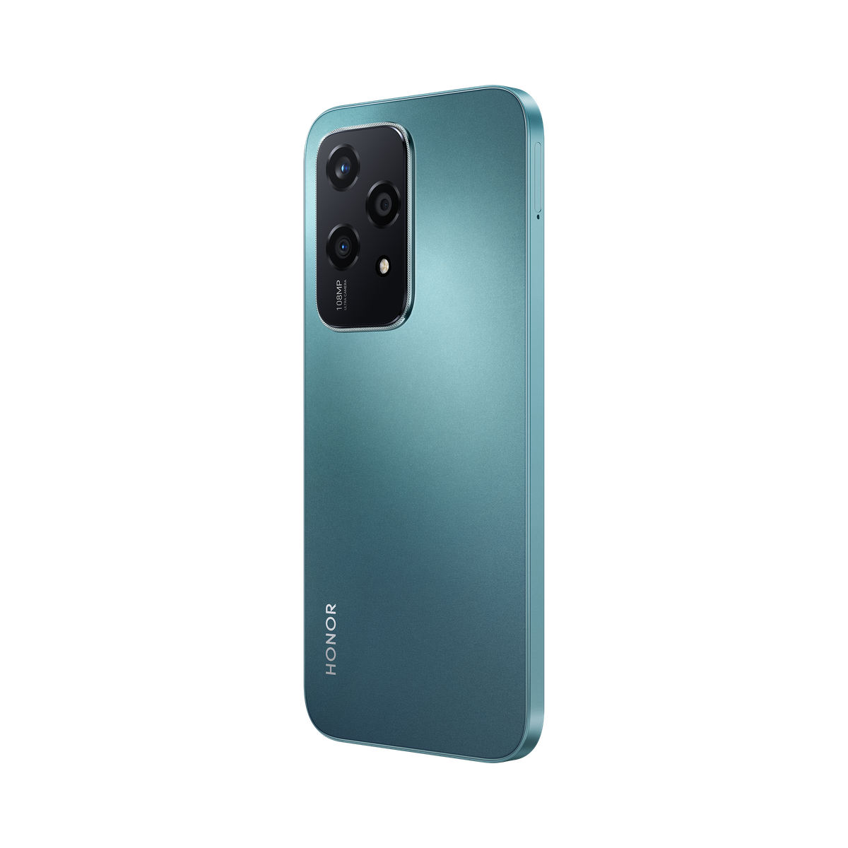 Türkisfarbenes Smartphone, schräge Ansicht, drei Kameralinsen, HONOR-Logo.