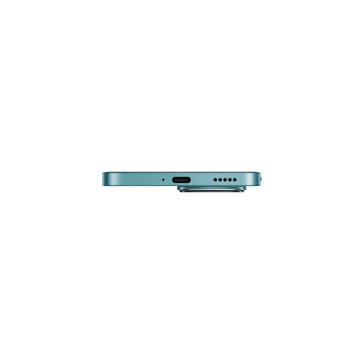 Nahaufnahme des Ladeanschlusses und der Tasten eines teal-farbenen Telefons.