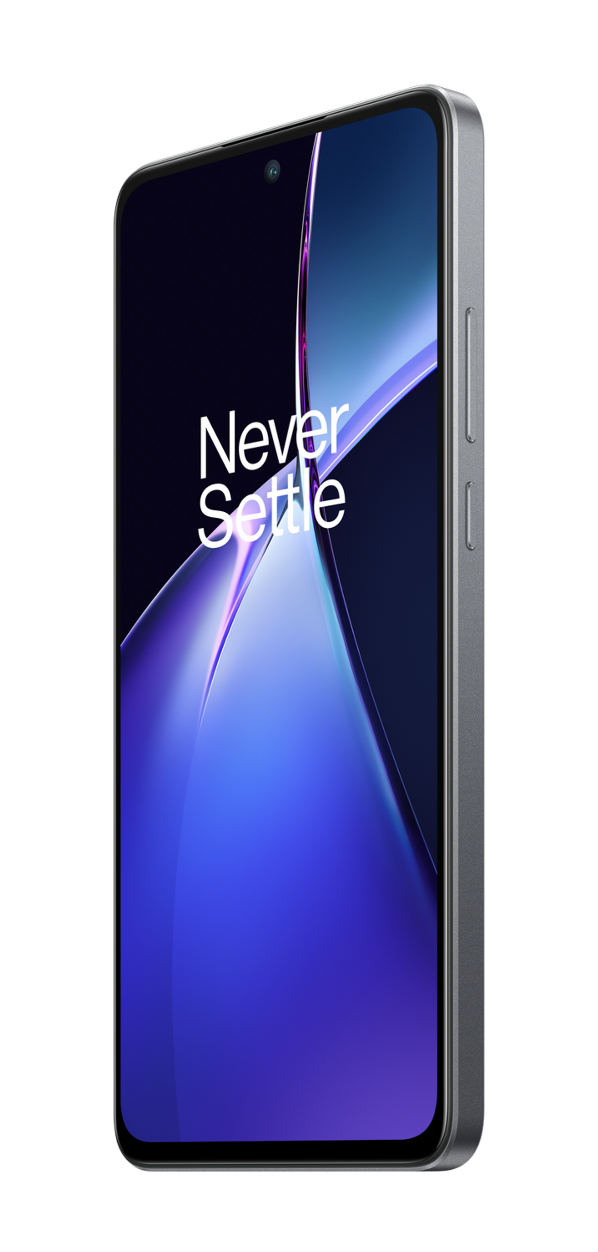 Smartfon z niebiesko-fioletową tapetą z napisem 'Never Settle'.