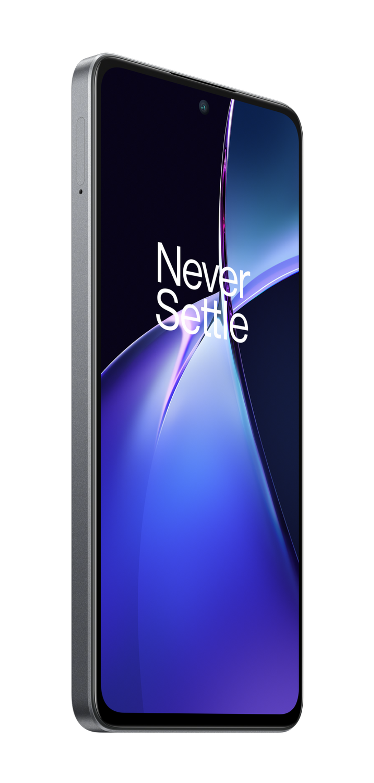 Szary telefon z boku. Ekran wyświetla tekst "Never Settle" na niebieskim tle.
