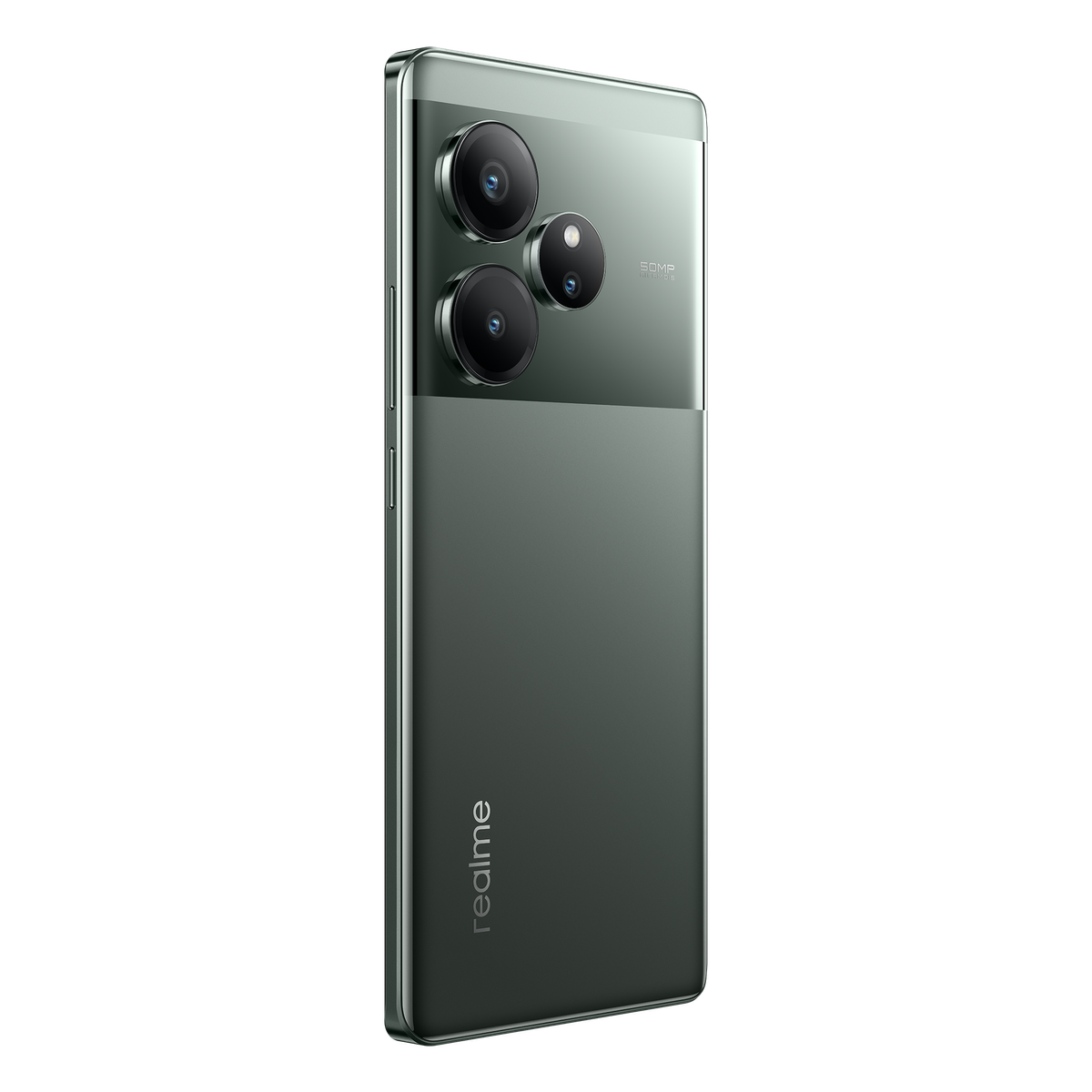 Telefono Realme verde con tre fotocamere posteriori, design elegante, sfondo scuro.