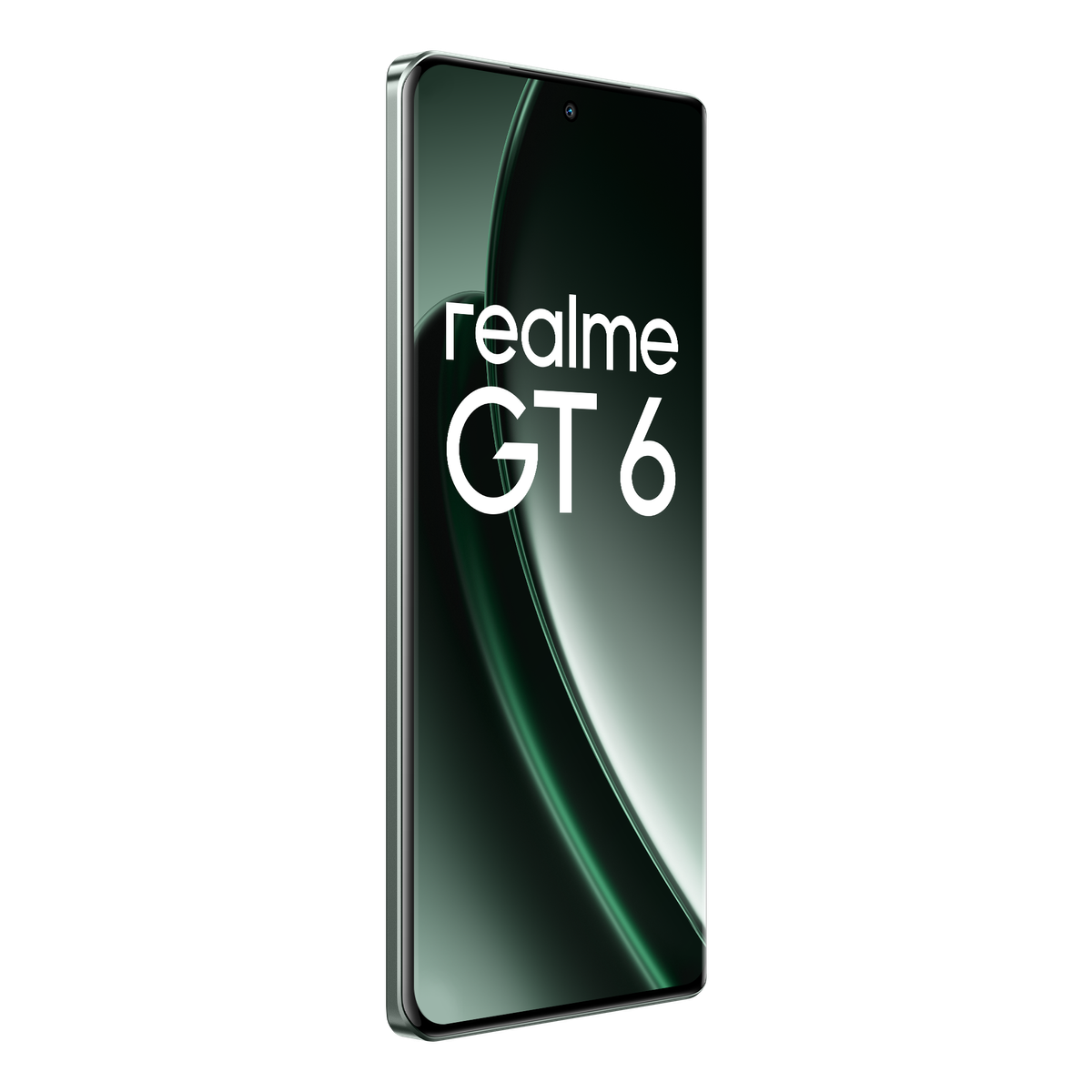 Smartphone Realme GT 6 su sfondo nero. Lo schermo mostra il testo 'realme GT 6'.