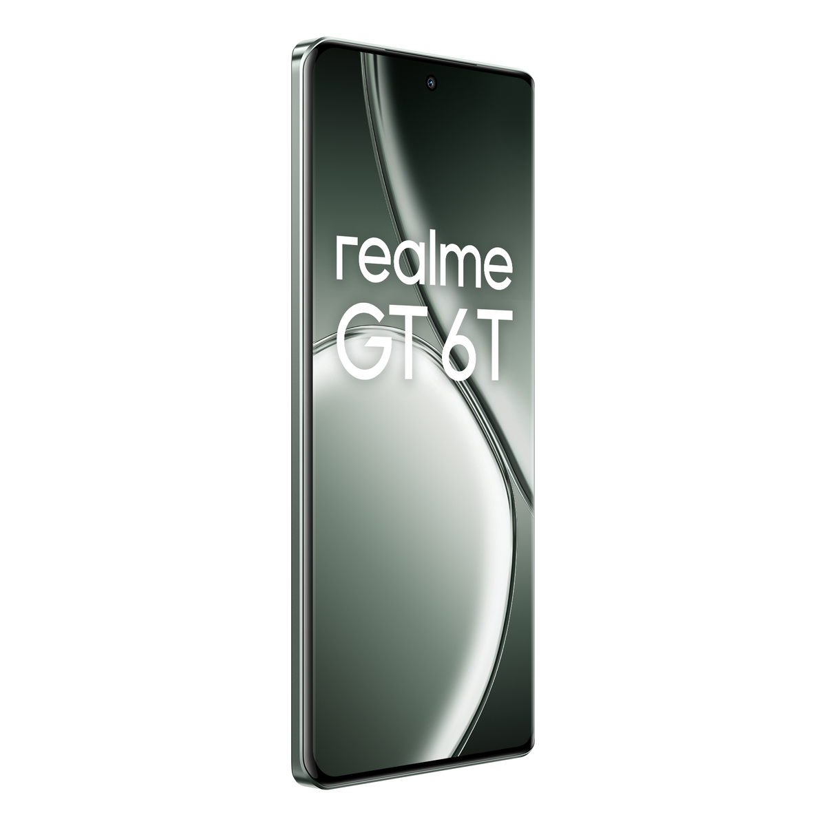 Realme GT 6T Telefon, silberne Farbe, schräge Ansicht.