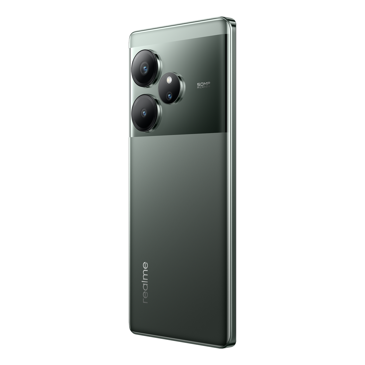 Un telefono verde con tripla fotocamera, cornice argentata e logo Realme.