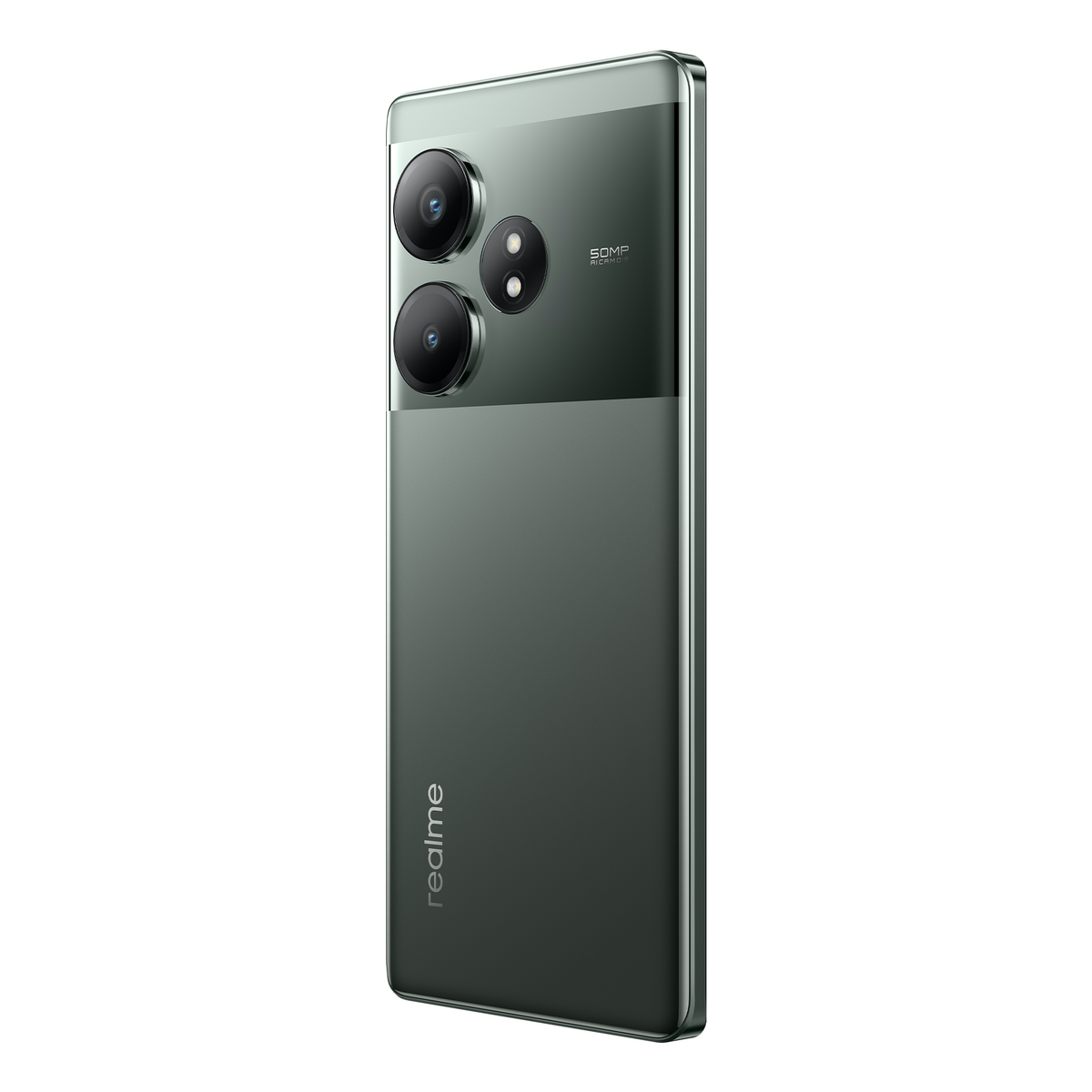 Grünes Smartphone mit Kameras. Das Wort realme steht auf der Rückseite.