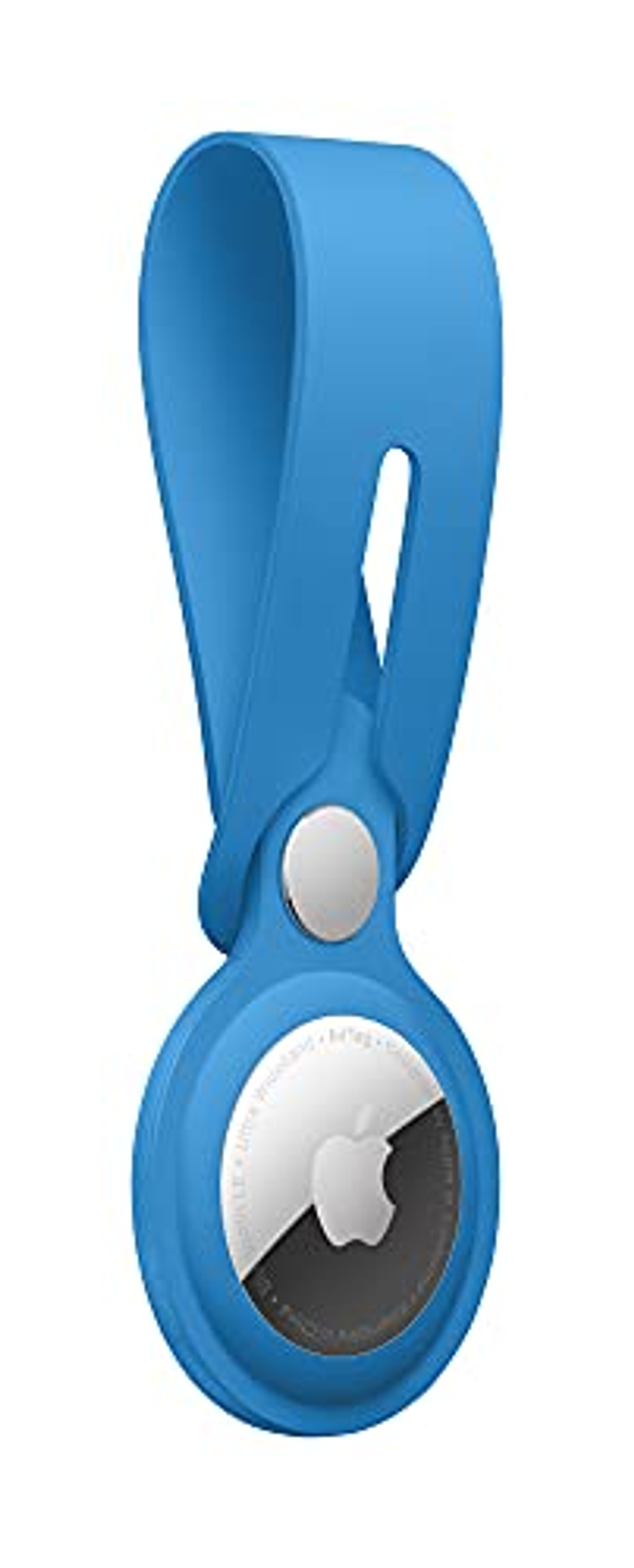 A blue Apple AirTag holder. It is an oval shaped device with a loop.