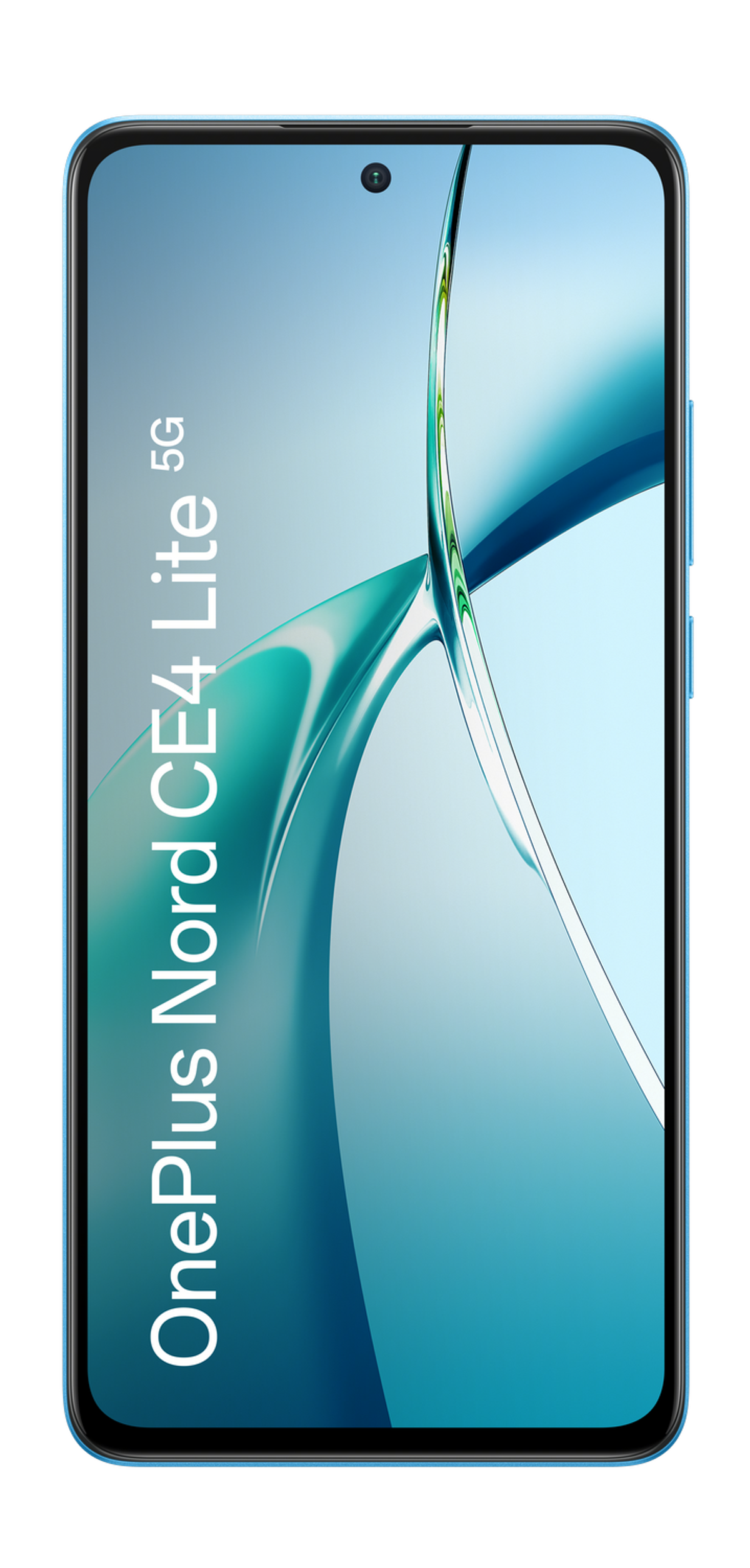 Téléphone bleu OnePlus Nord CE4 Lite 5G. L'écran affiche le nom du téléphone.
