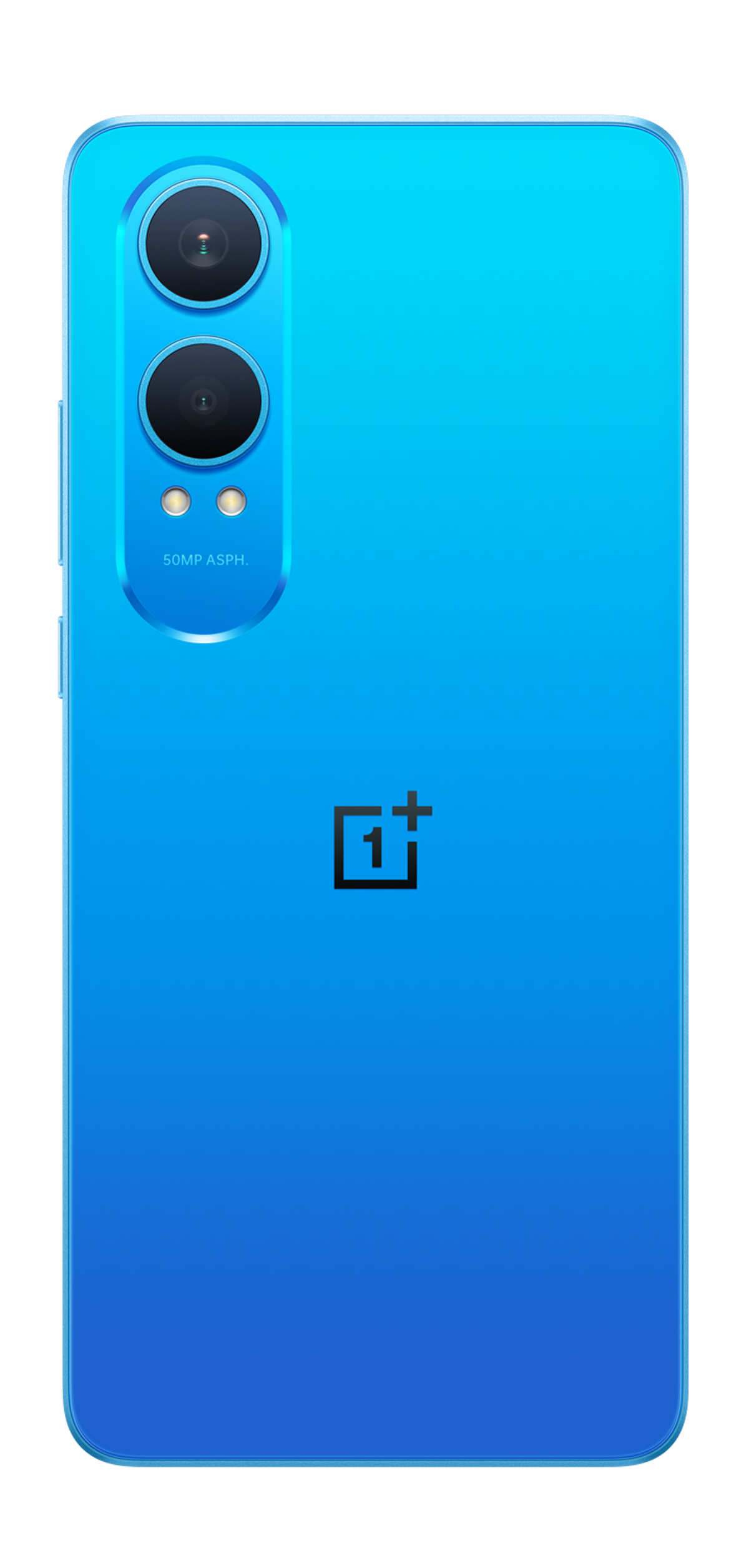 Téléphone bleu avec une bosse de caméra et le logo OnePlus. Fond noir.