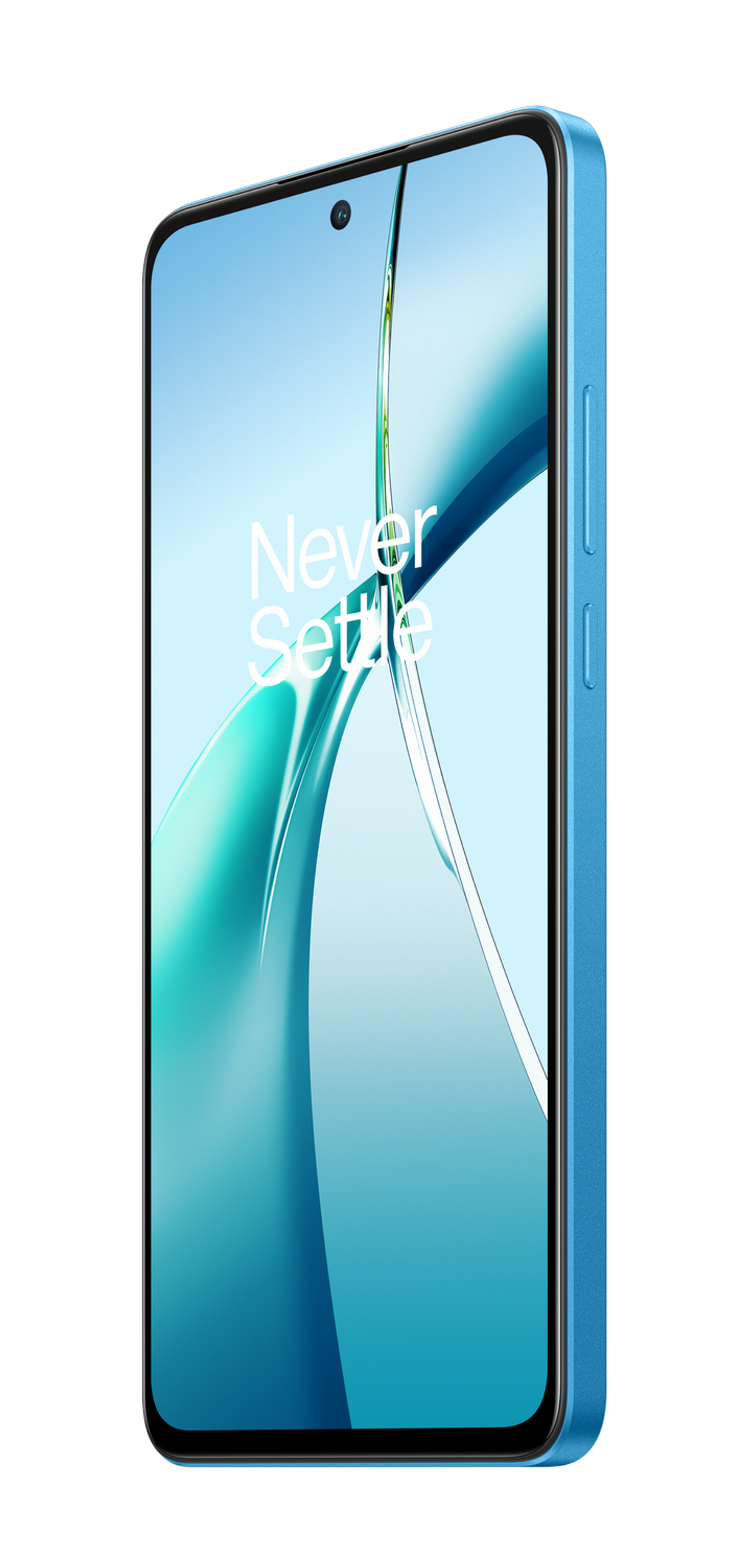 Un téléphone bleu avec les mots 'Never Settle' sur l'écran.