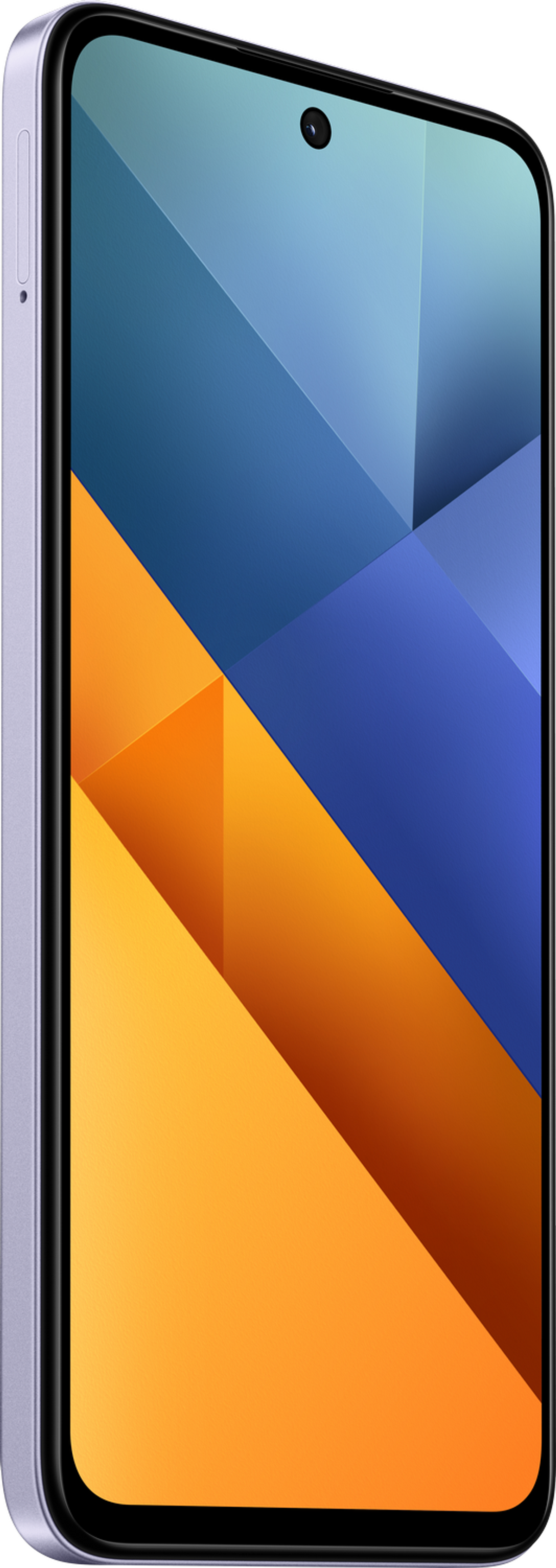 Uno smartphone angolato, che mostra uno schermo con motivi geometrici blu e arancioni.