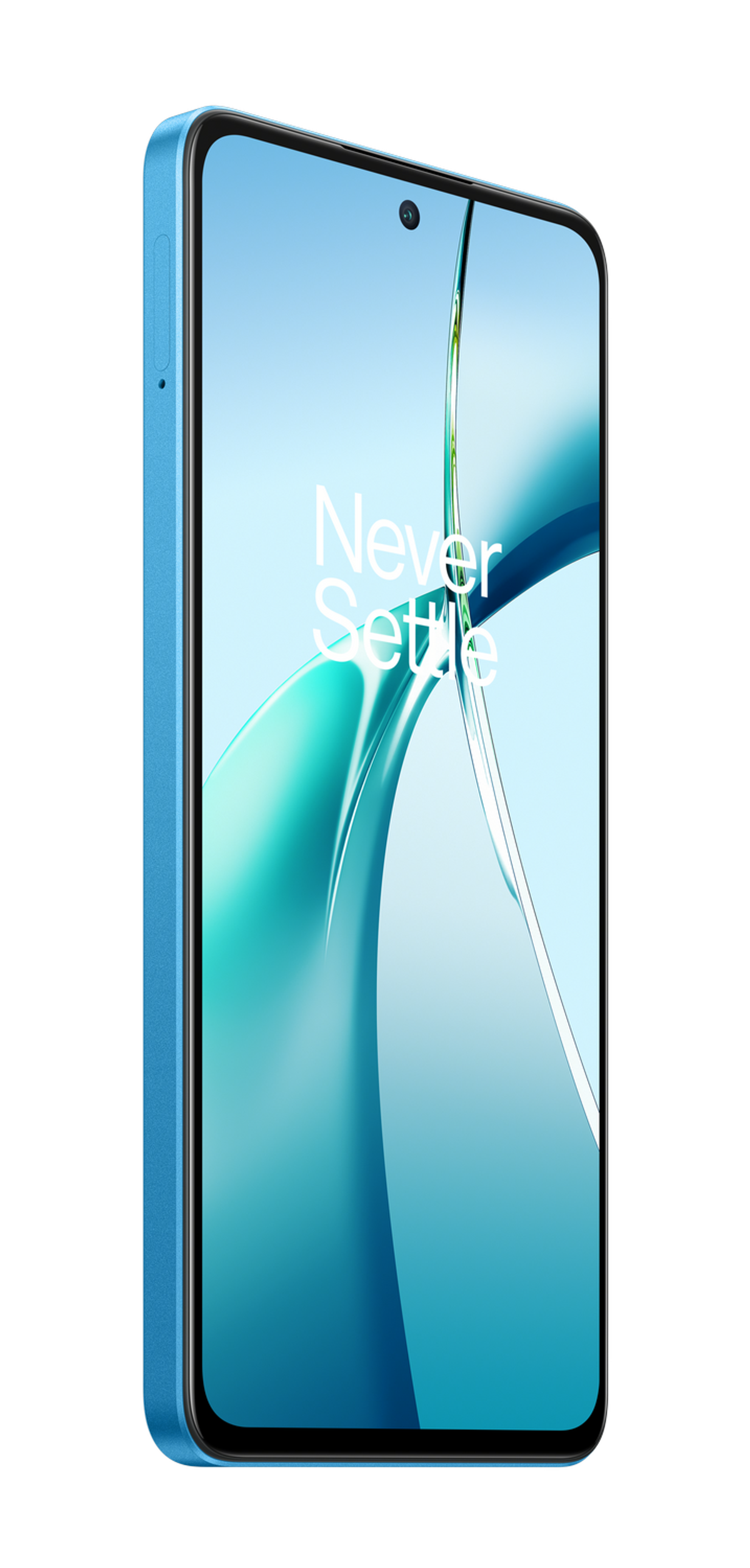Smartphone bleu incliné vers la gauche, affichant les mots 'Never Settle'.