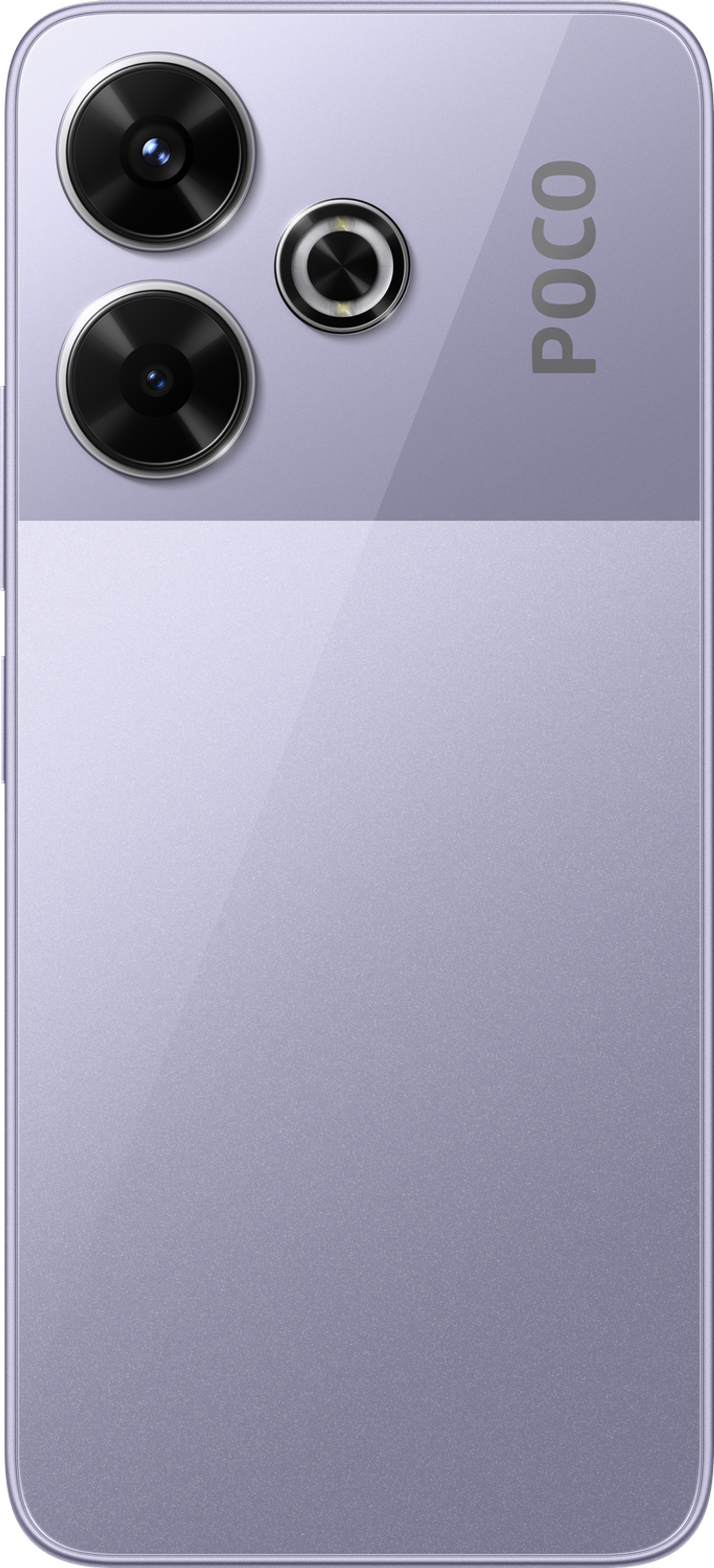 Telefono POCO viola, con lenti della fotocamera e marchio POCO visibili.