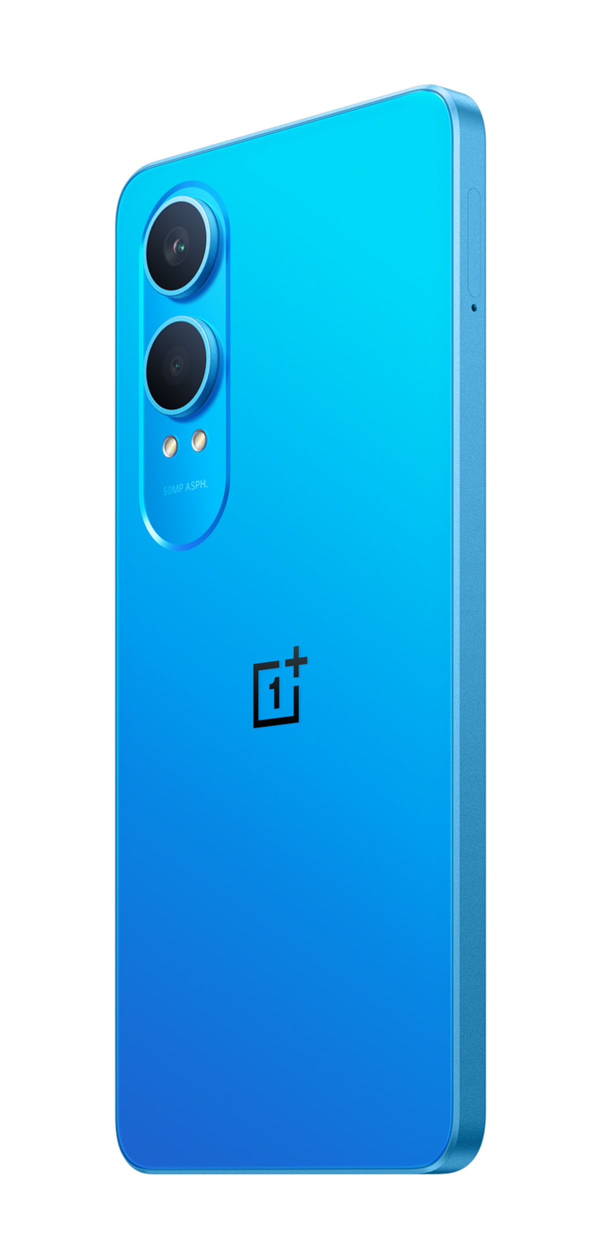 Smartphone bleu, vue arrière, deux caméras. Logo OnePlus. Isolé sur fond noir.