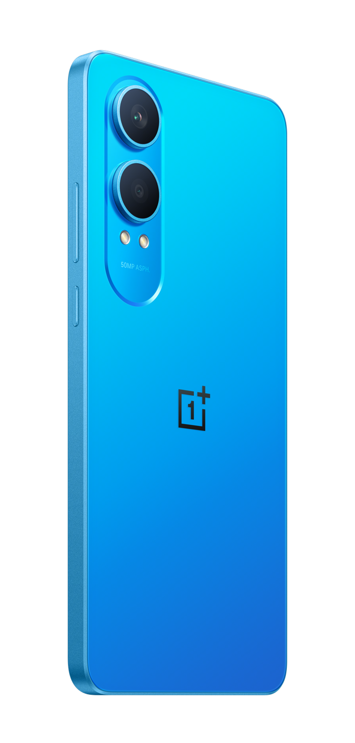 Téléphone bleu, vue latérale avec objectifs de caméra et logo OnePlus. Fond noir.